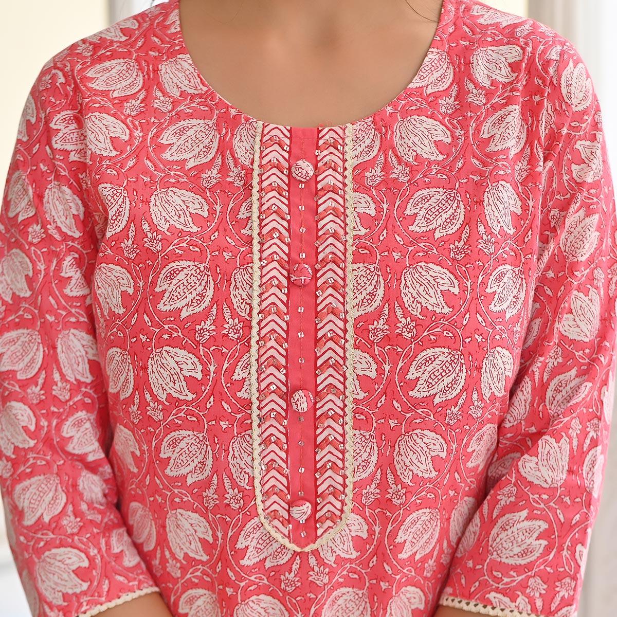 Pink Floral Printed Pure Cotton Salwar Suit - Peachmode