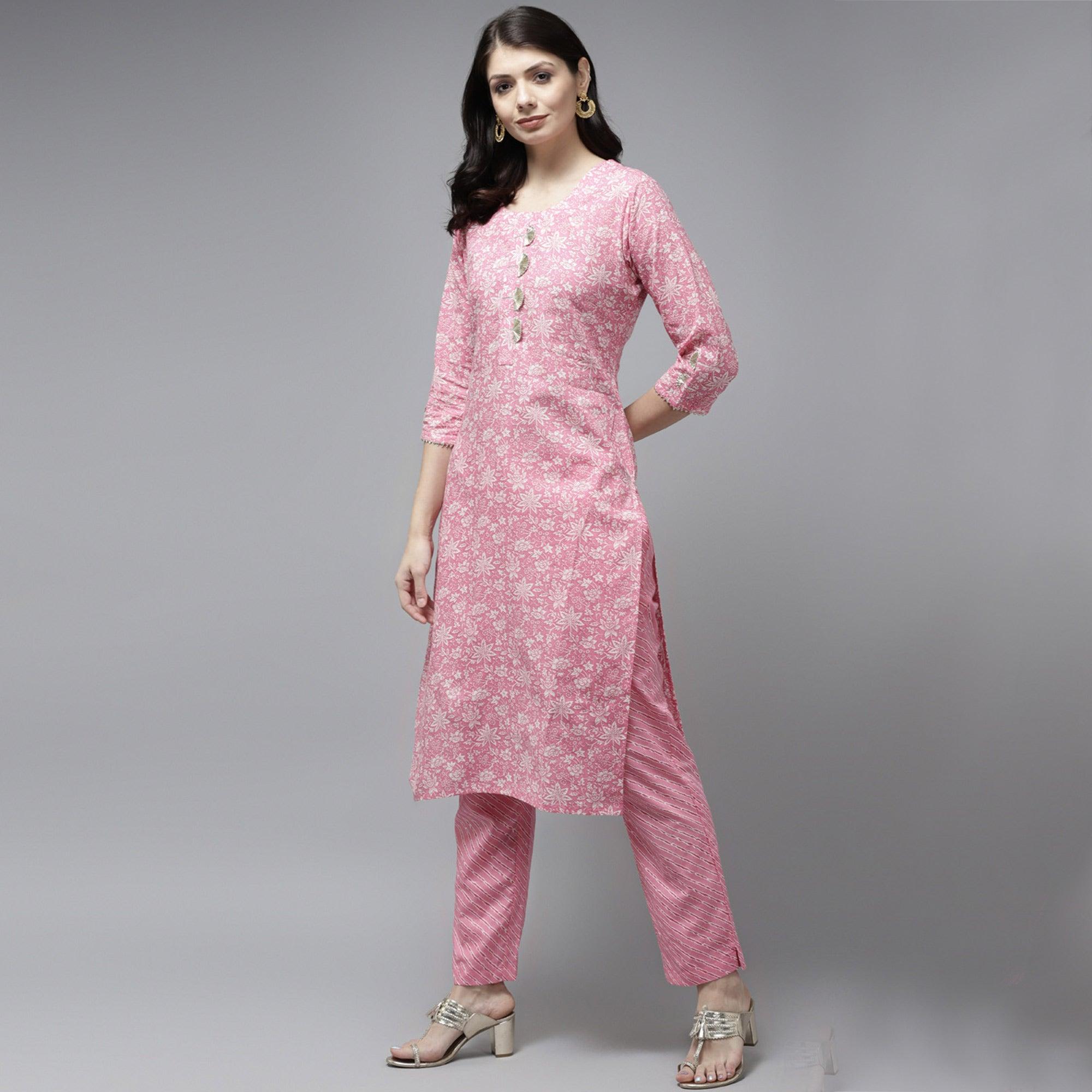 Pink Floral Printed Pure Cotton Salwar Suit - Peachmode