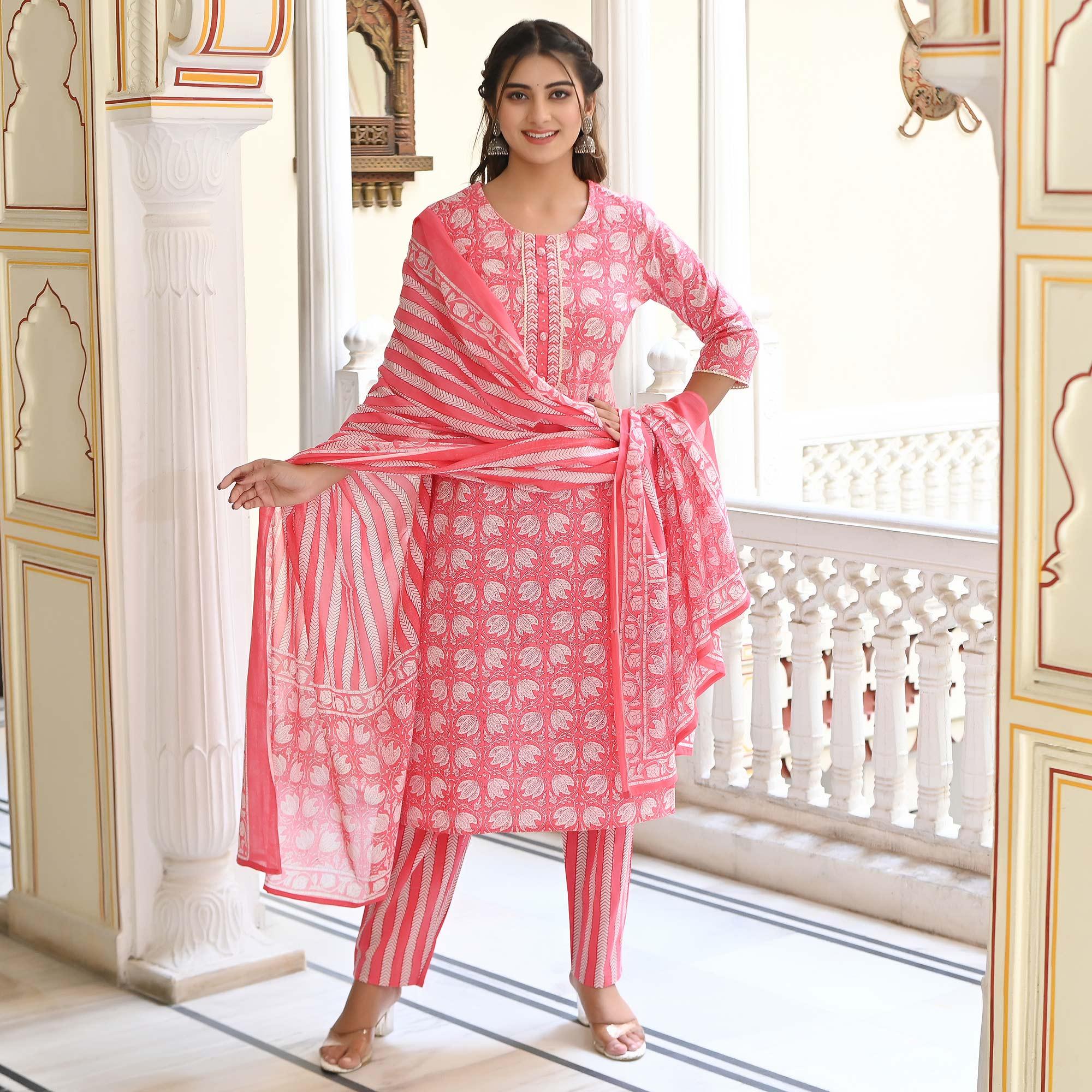 Pink Floral Printed Pure Cotton Salwar Suit - Peachmode