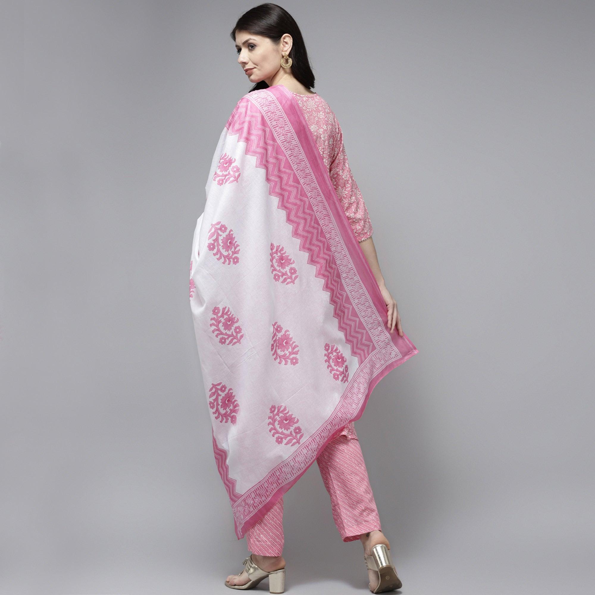 Pink Floral Printed Pure Cotton Salwar Suit - Peachmode