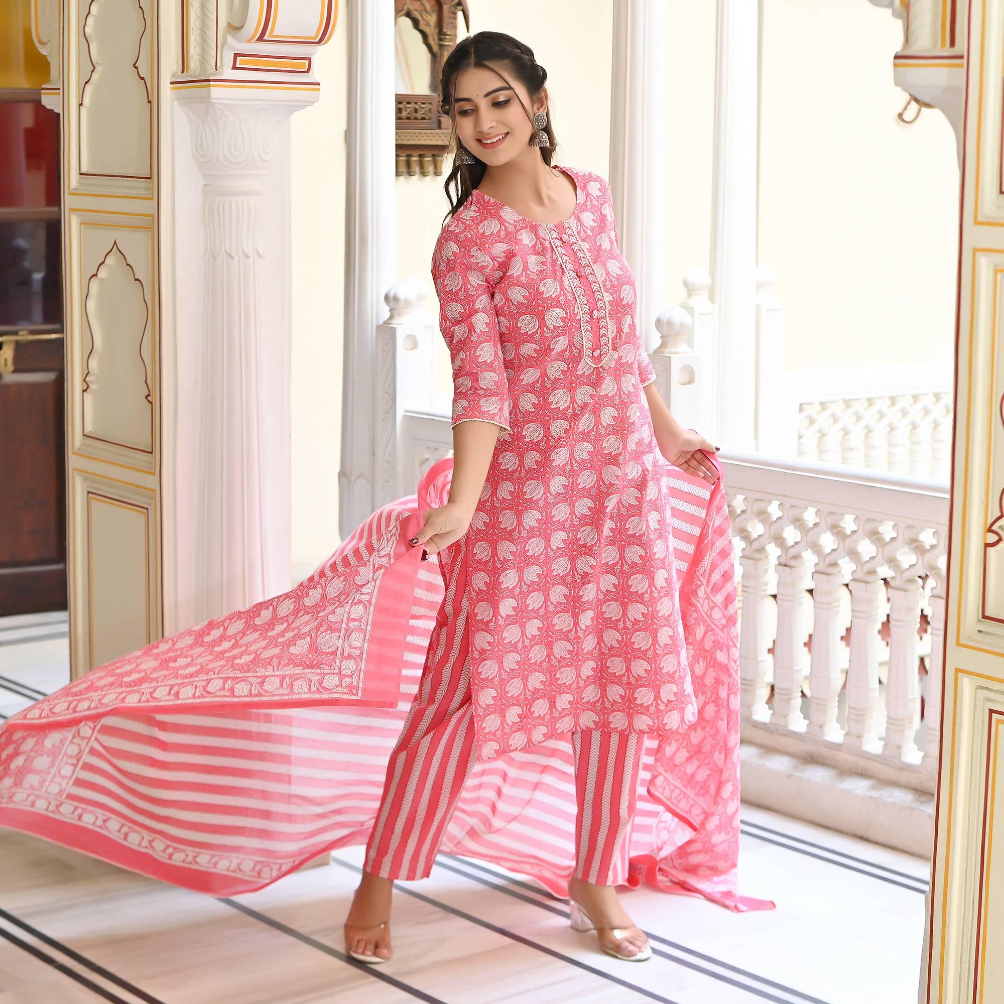 Pink Floral Printed Pure Cotton Salwar Suit - Peachmode