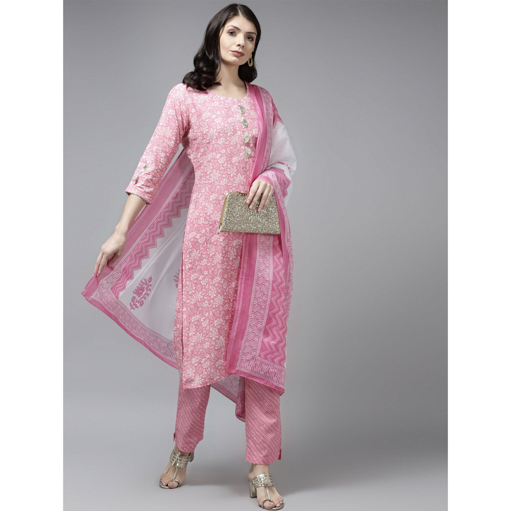 Pink Floral Printed Pure Cotton Salwar Suit - Peachmode