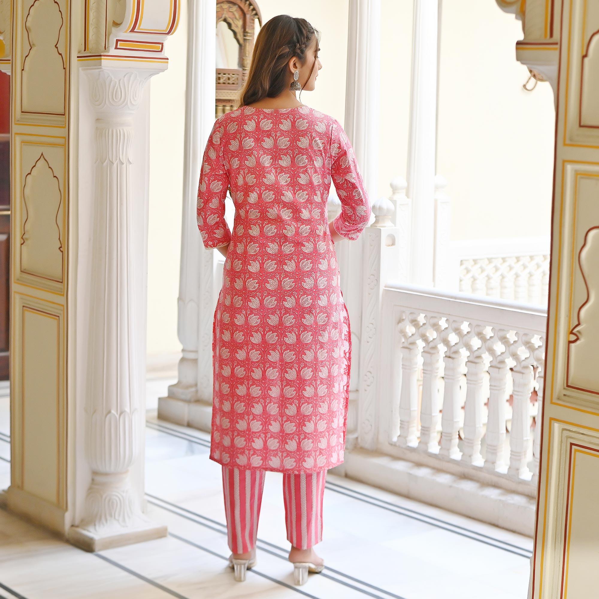 Pink Floral Printed Pure Cotton Salwar Suit - Peachmode