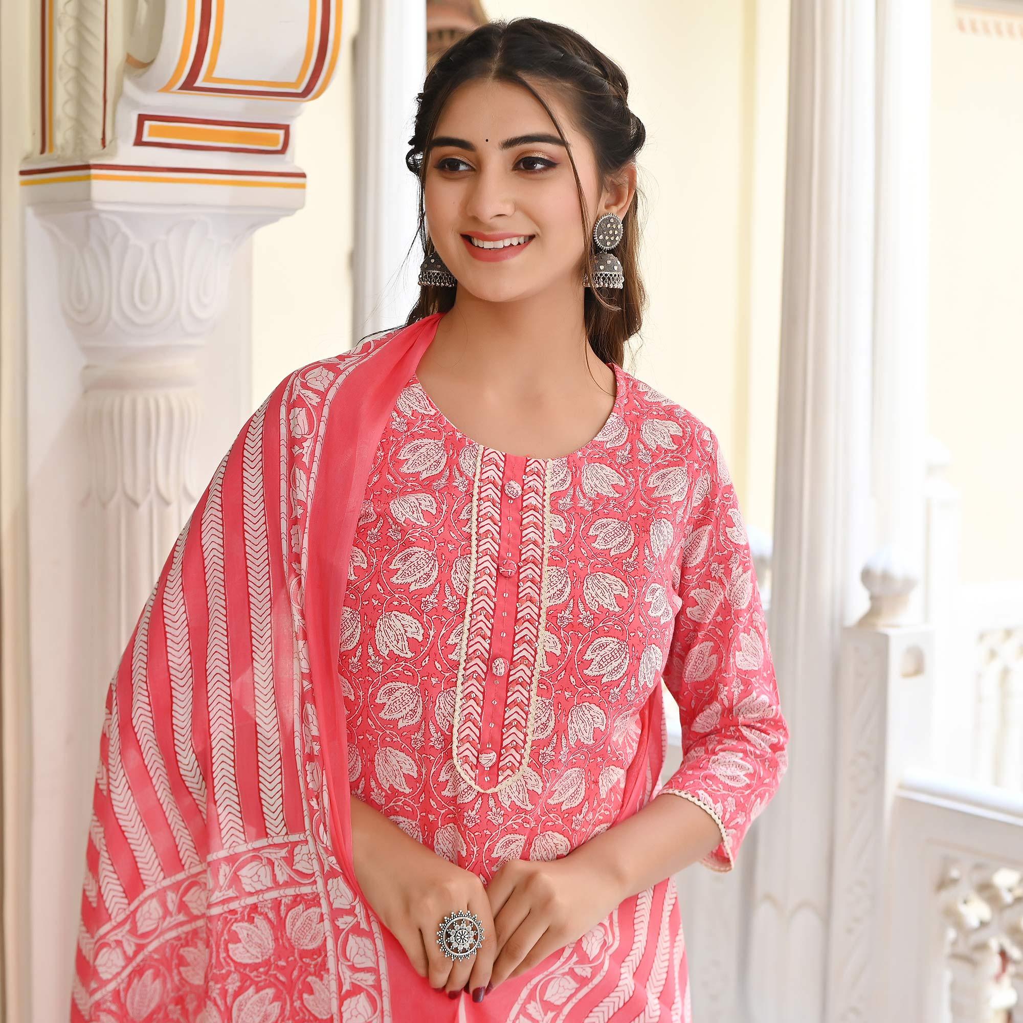Pink Floral Printed Pure Cotton Salwar Suit - Peachmode