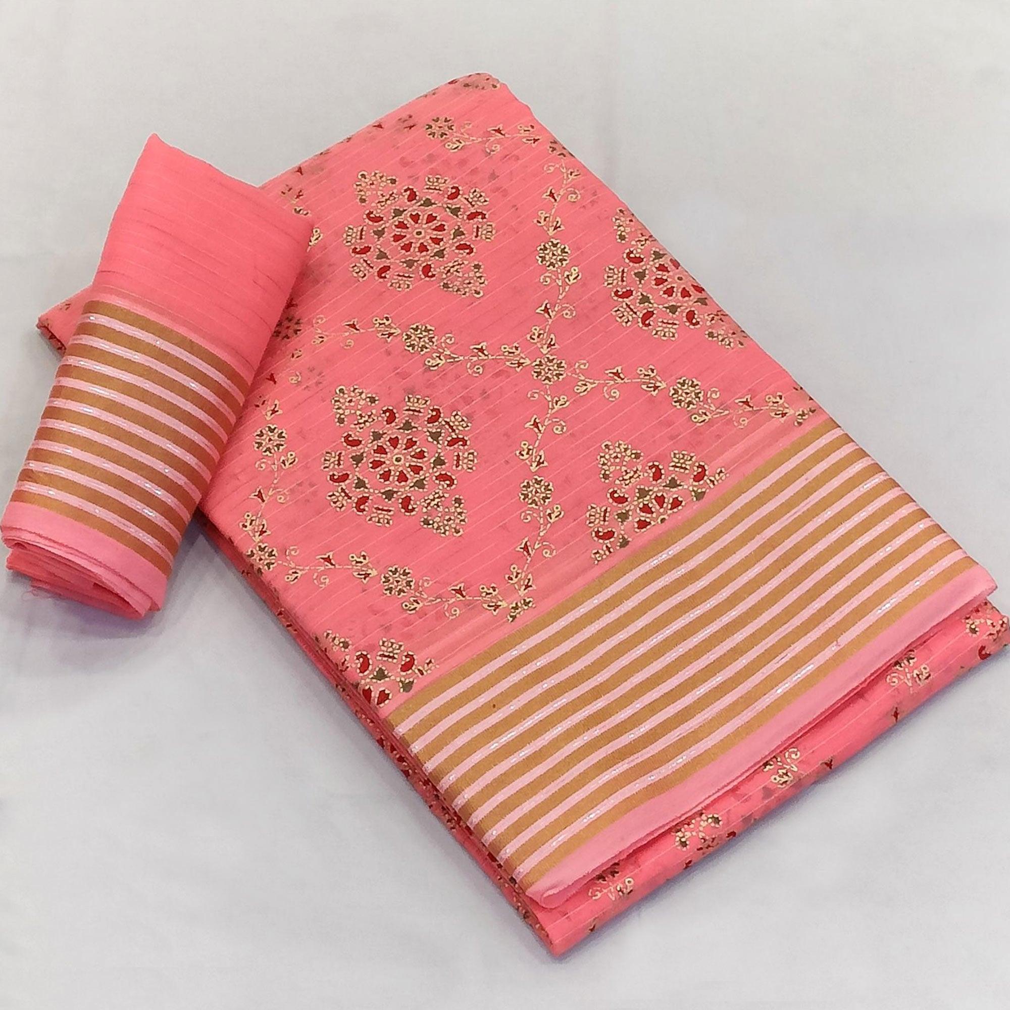 Pink Floral Printed Pure Cotton Saree - Peachmode