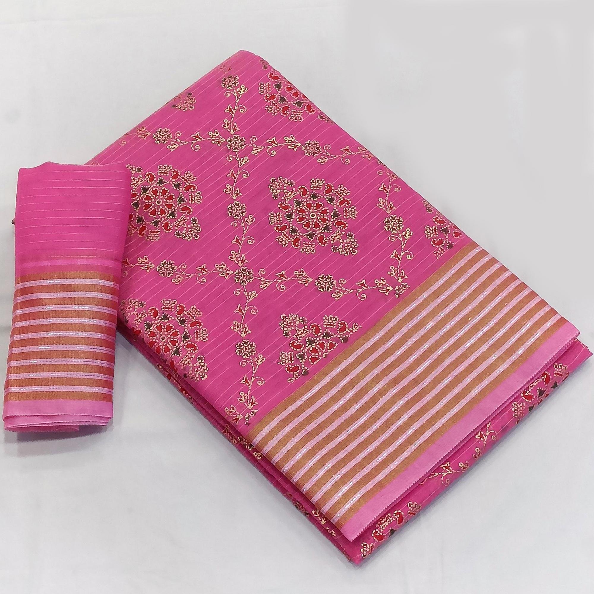 Pink Floral Printed Pure Cotton Saree - Peachmode
