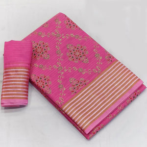 Pink Floral Printed Pure Cotton Saree - Peachmode