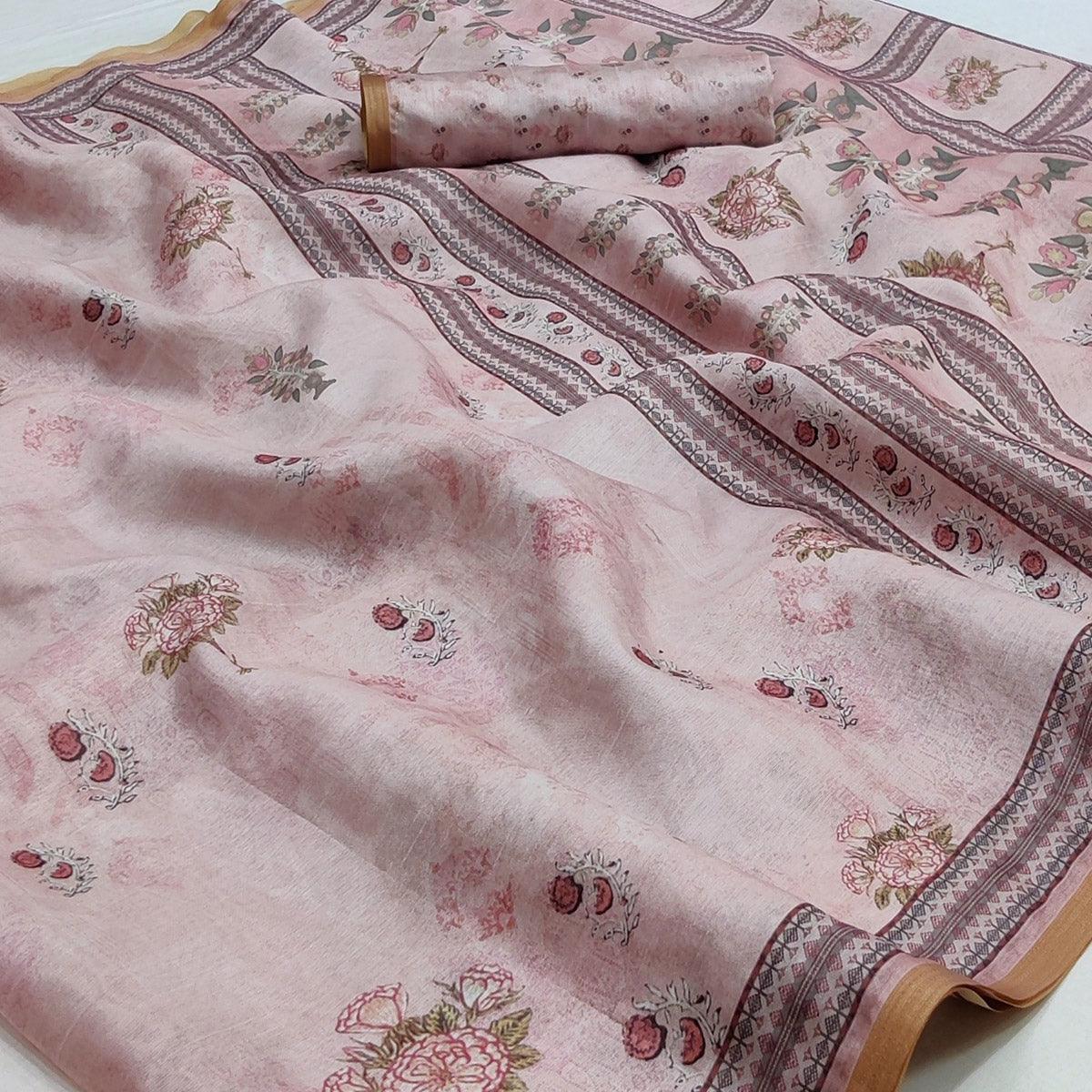 Pink Floral Printed Pure Cotton Saree - Peachmode