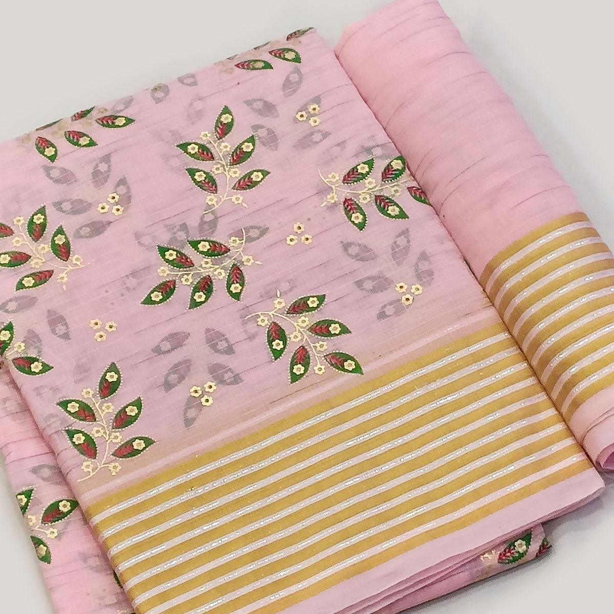 Pink Floral Printed Pure Cotton Saree - Peachmode