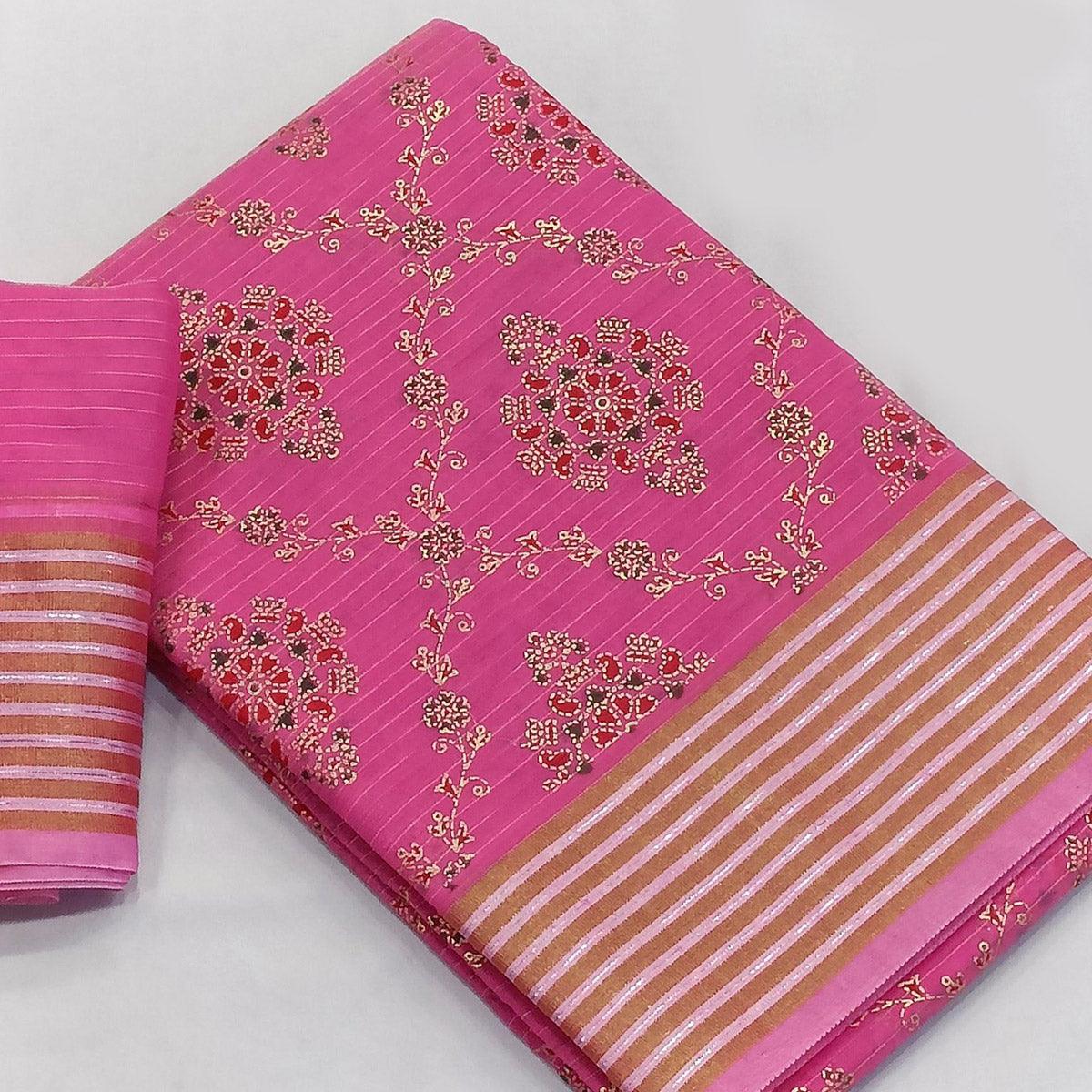 Pink Floral Printed Pure Cotton Saree - Peachmode