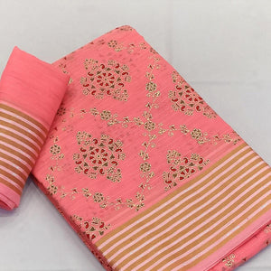 Pink Floral Printed Pure Cotton Saree - Peachmode