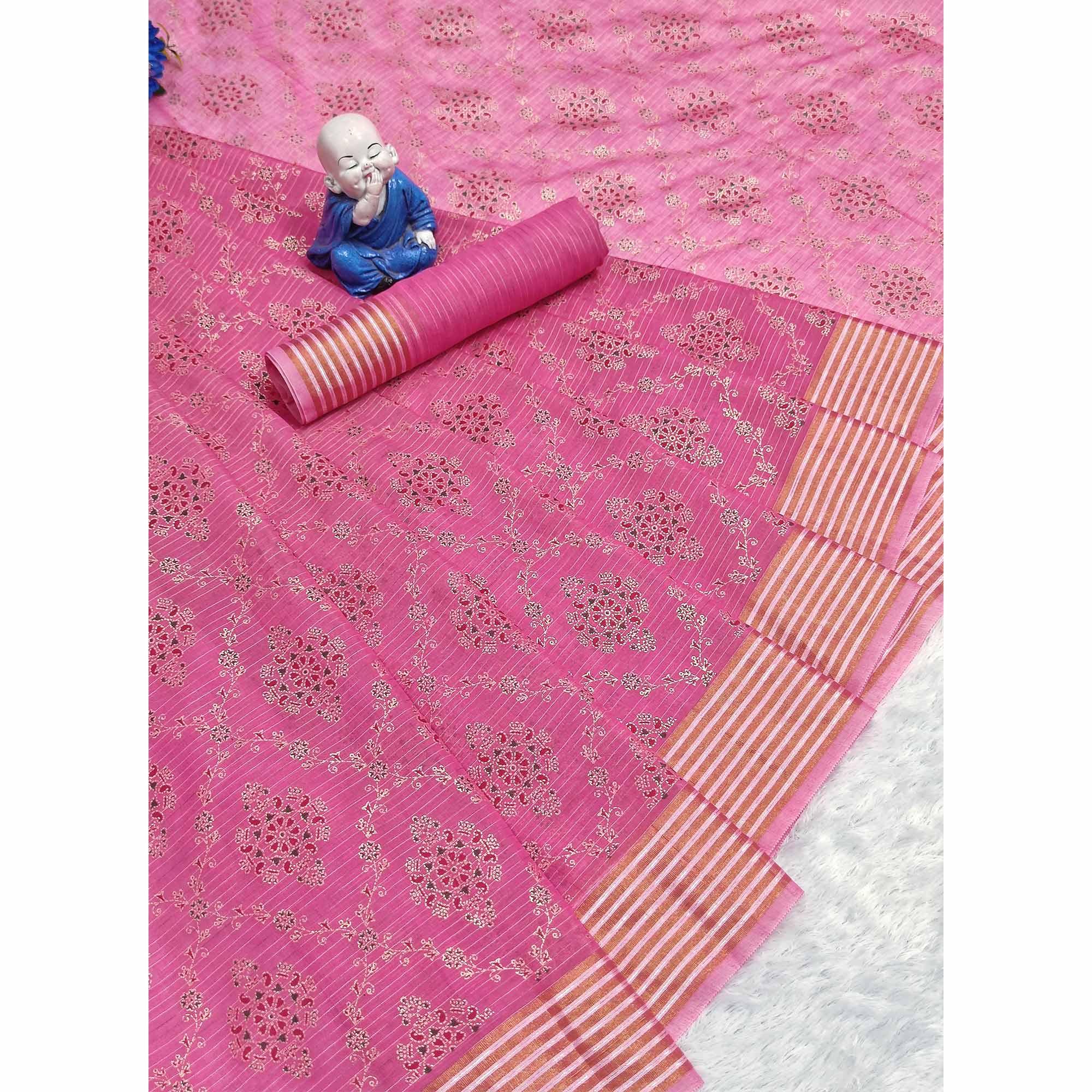 Pink Floral Printed Pure Cotton Saree - Peachmode