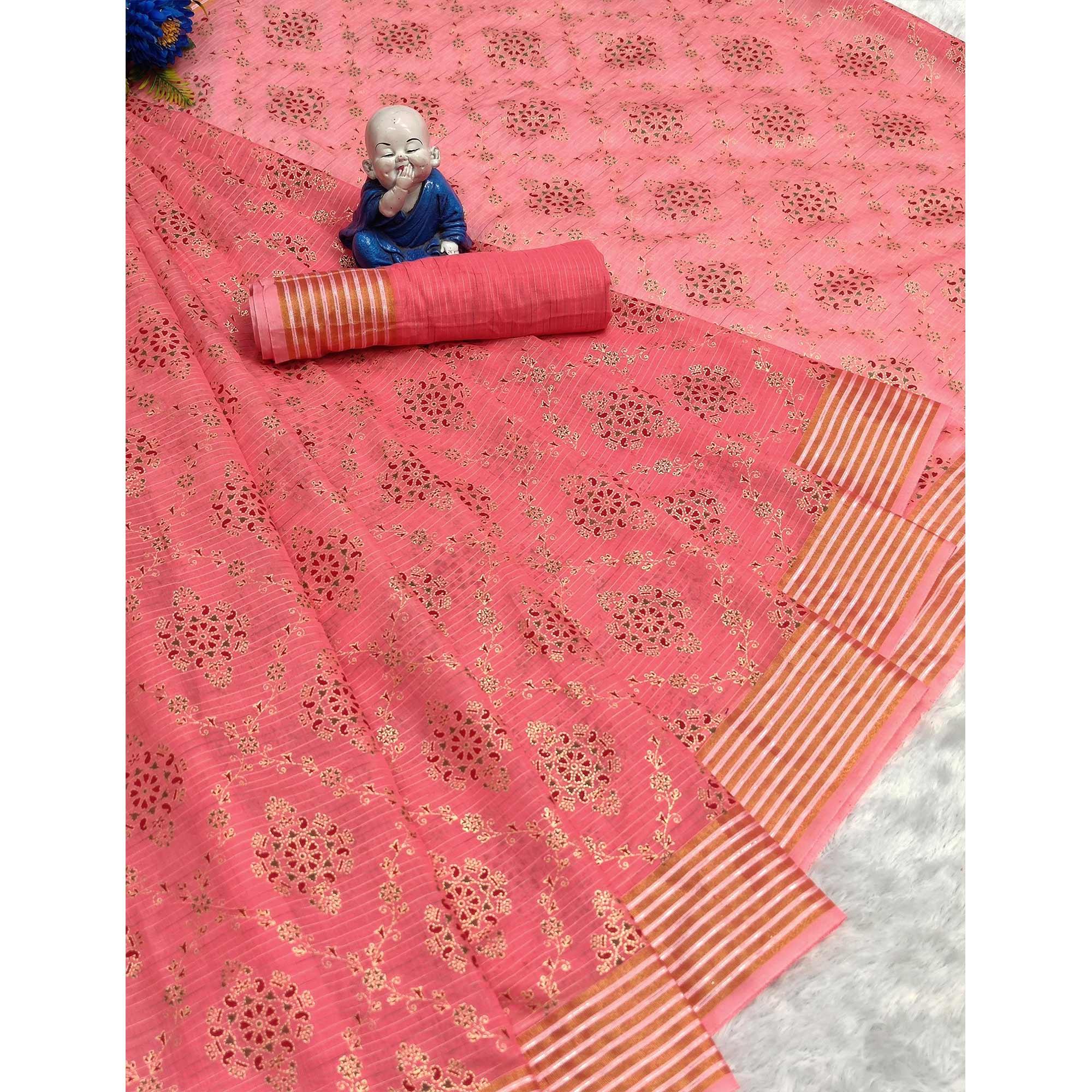 Pink Floral Printed Pure Cotton Saree - Peachmode