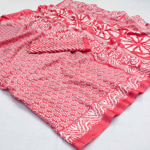 Pink Floral Printed Raw Silk Saree - Peachmode