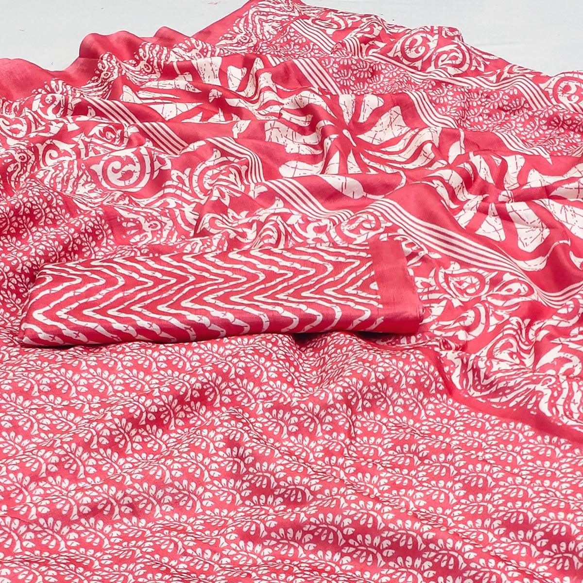 Pink Floral Printed Raw Silk Saree - Peachmode