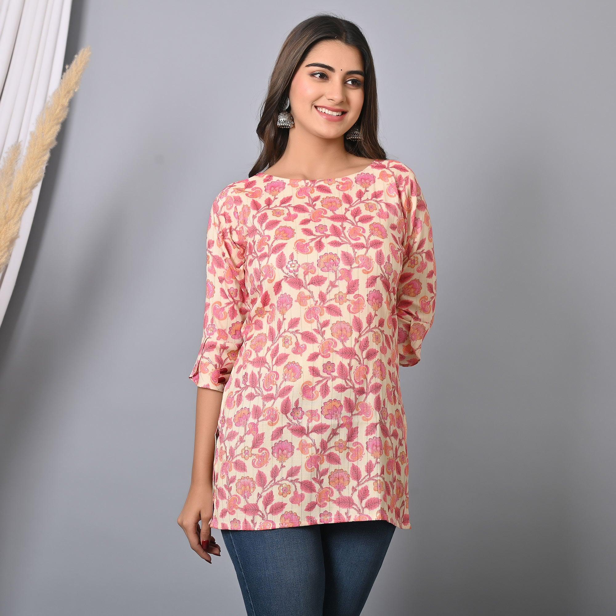 Pink Floral Printed Rayon Top - Peachmode