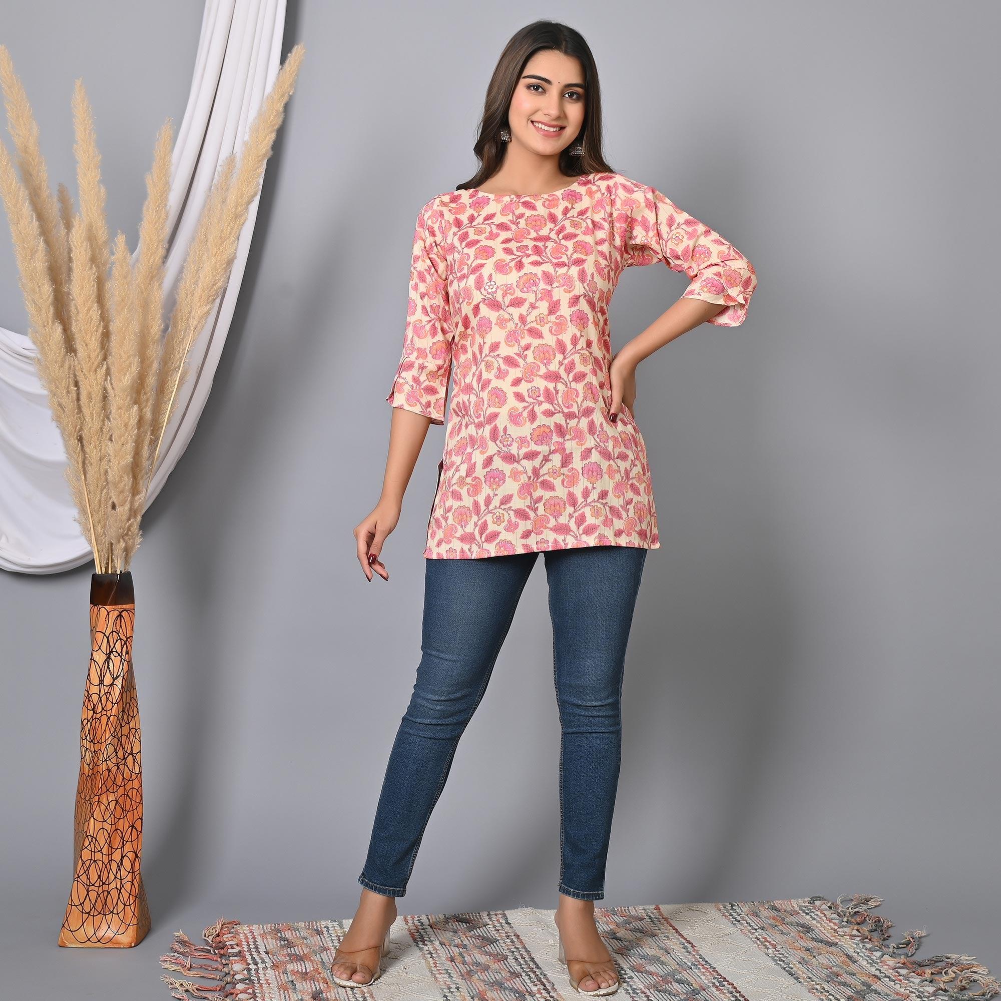 Pink Floral Printed Rayon Top - Peachmode
