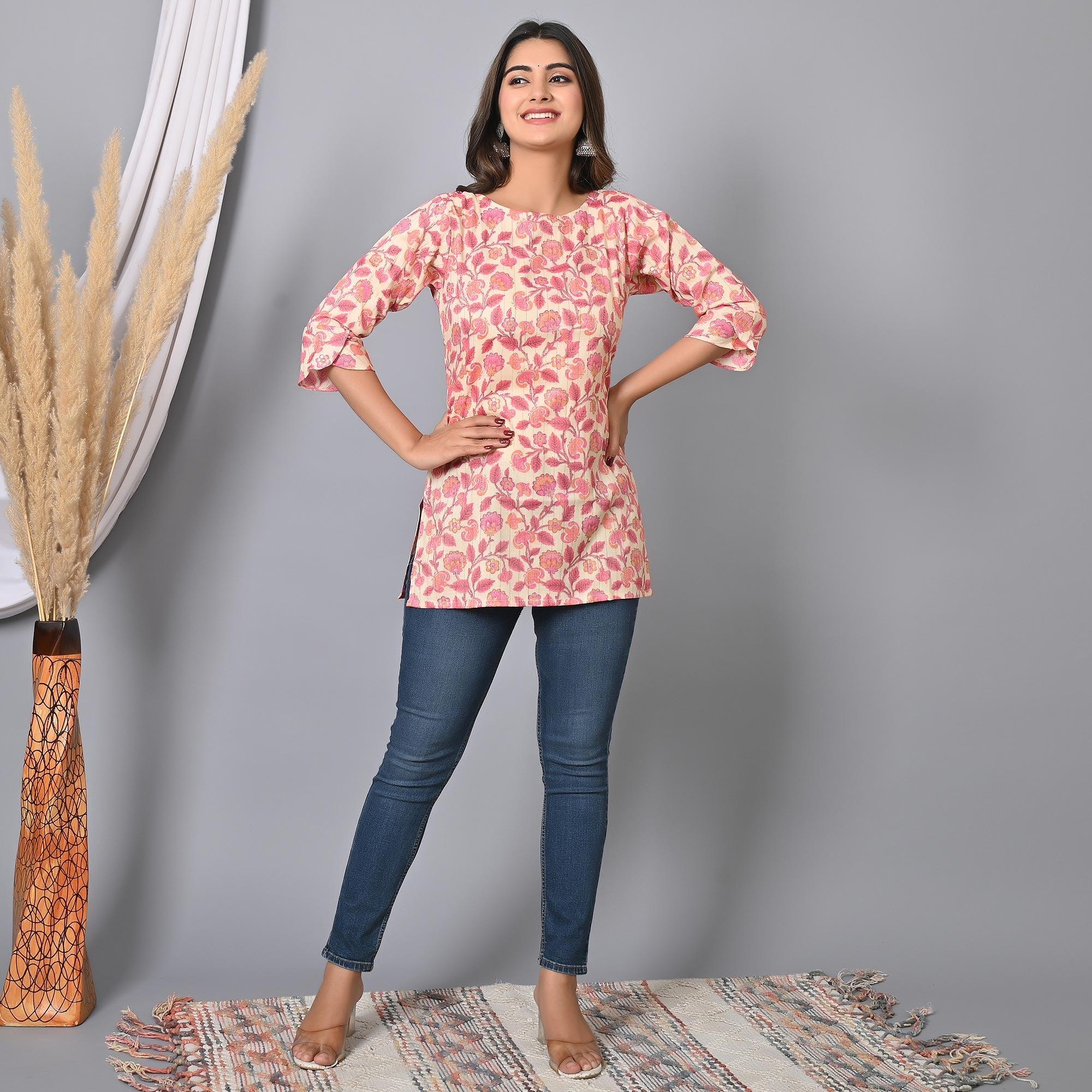 Pink Floral Printed Rayon Top - Peachmode