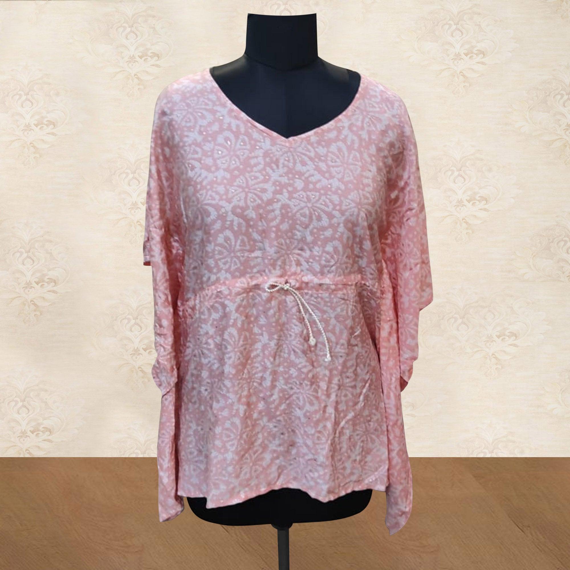 Pink Floral Printed Silk Kaftan Top - Peachmode