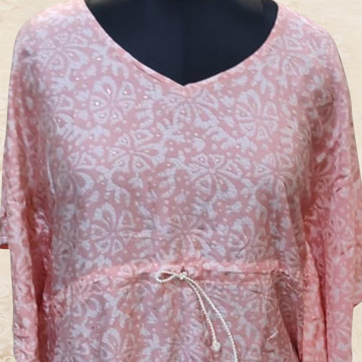 Pink Floral Printed Silk Kaftan Top - Peachmode