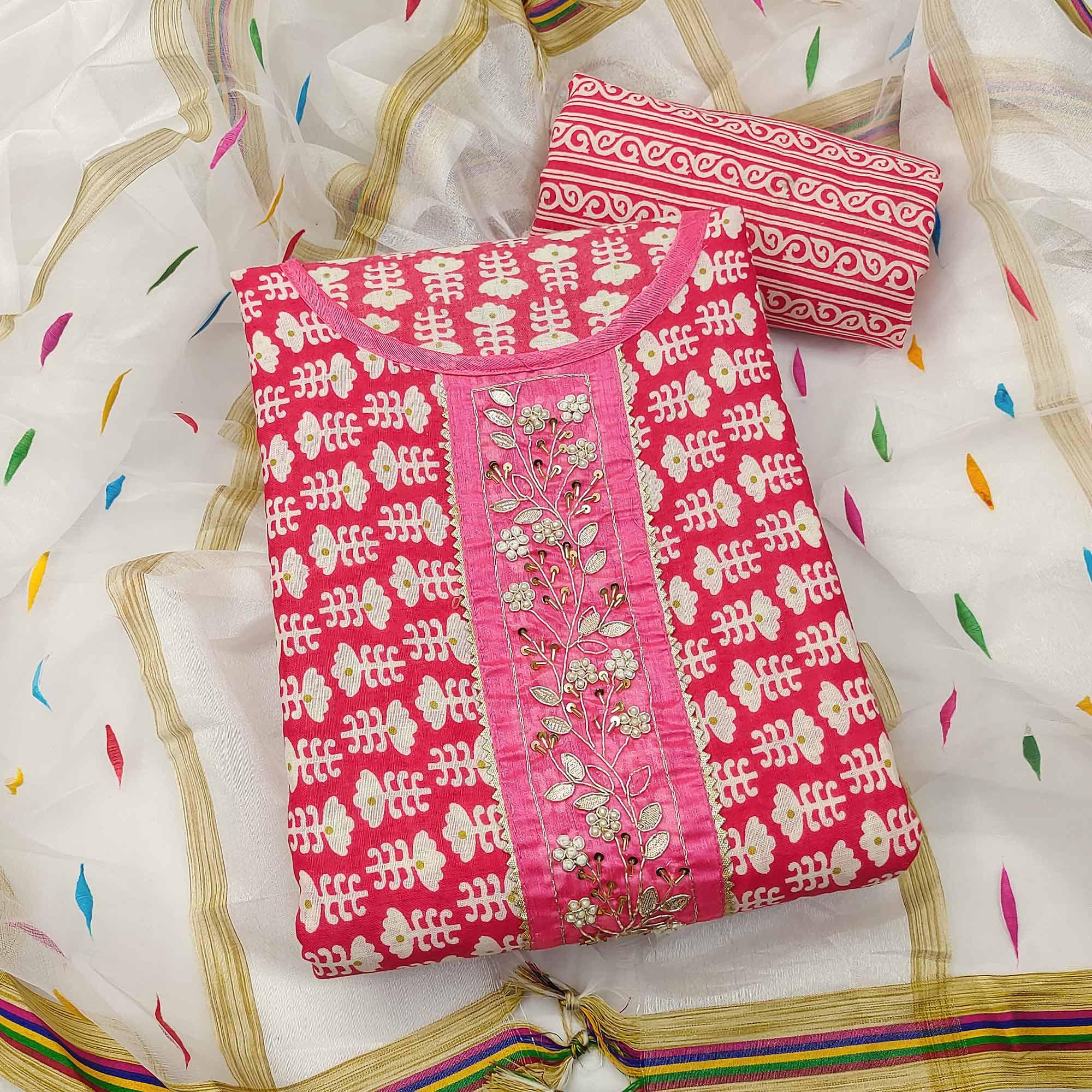 Pink Floral Printed With Embellished Poly Cotton Dress Material - Peachmode