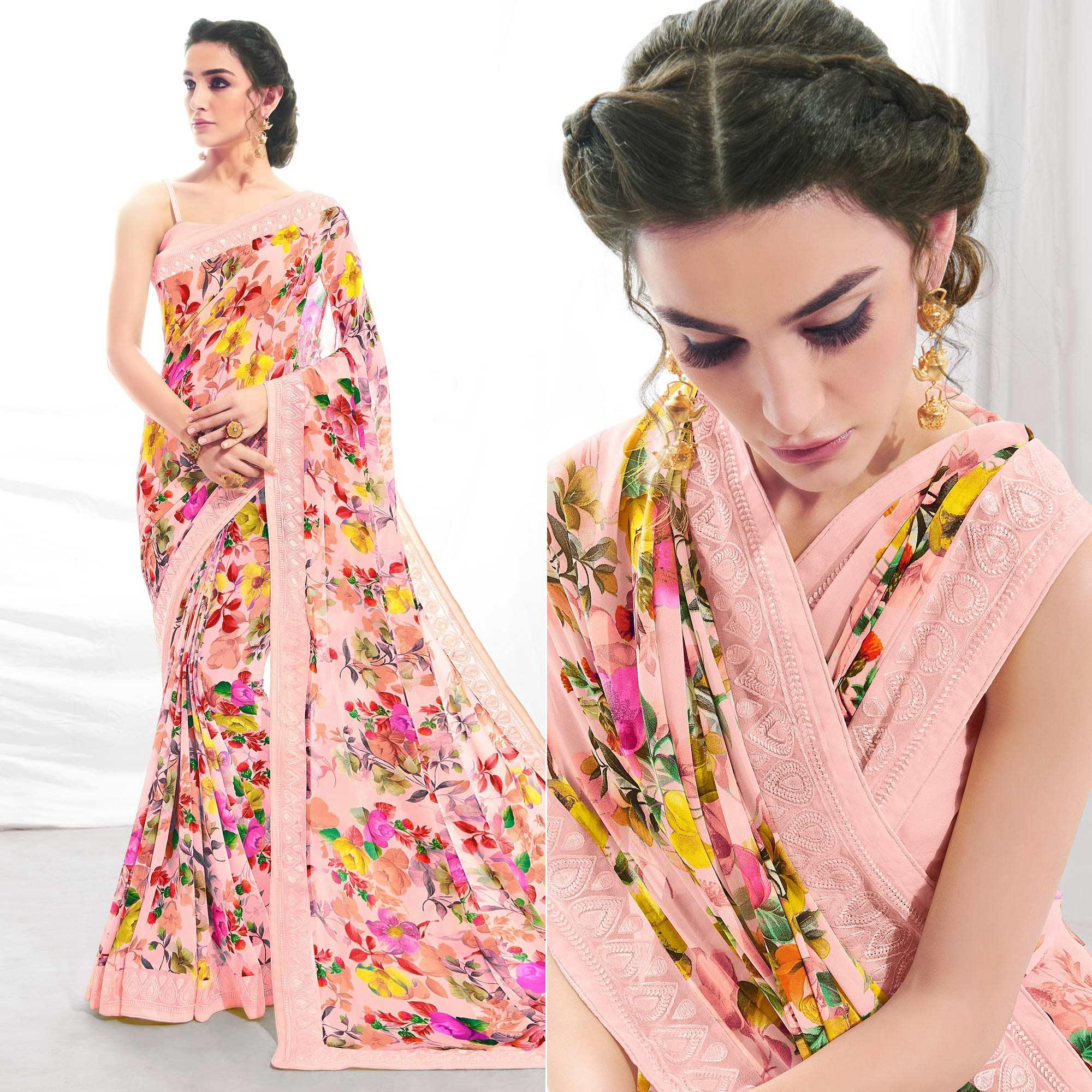 Pink Floral Printed With Embroidered Border Georgette Saree - Peachmode