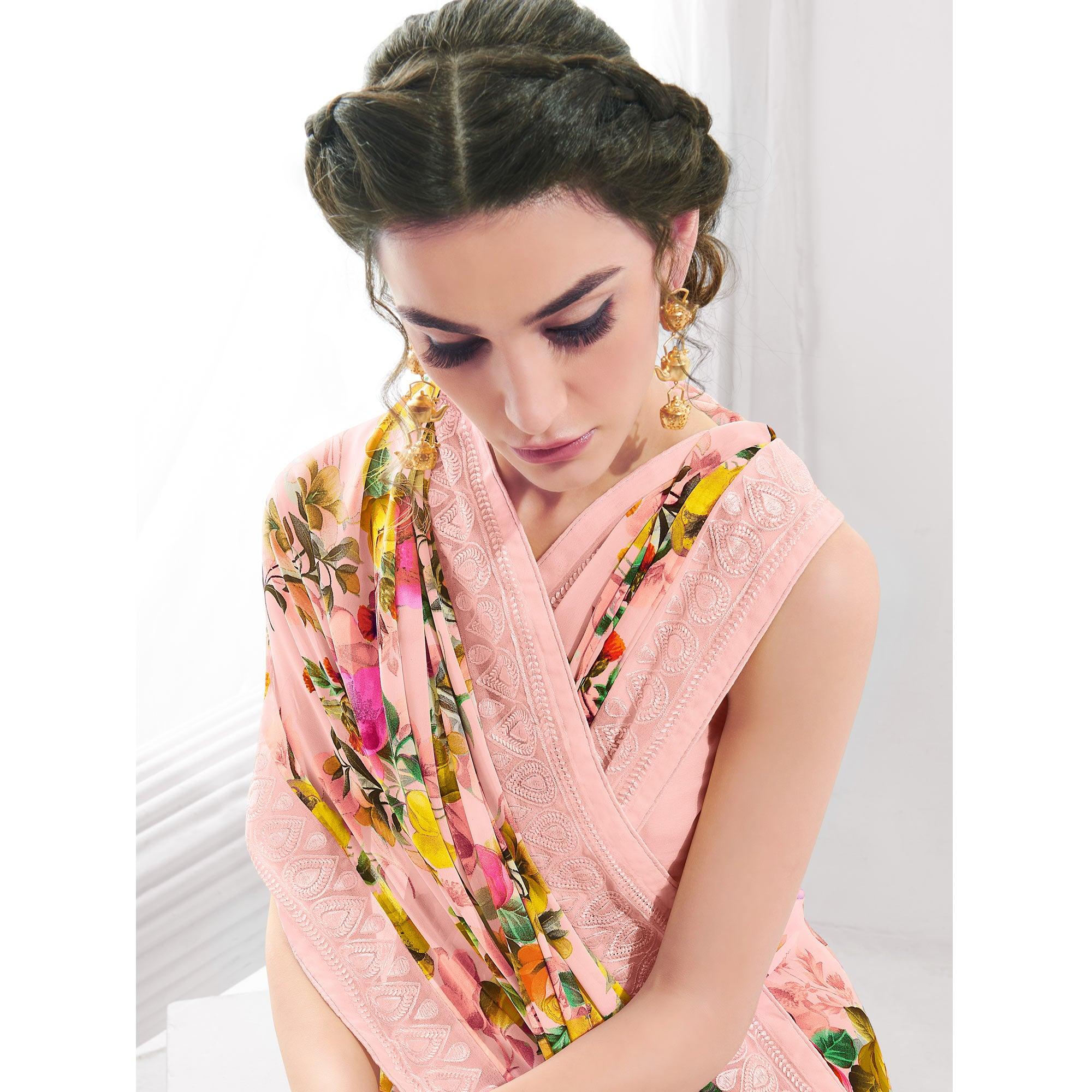 Pink Floral Printed With Embroidered Border Georgette Saree - Peachmode