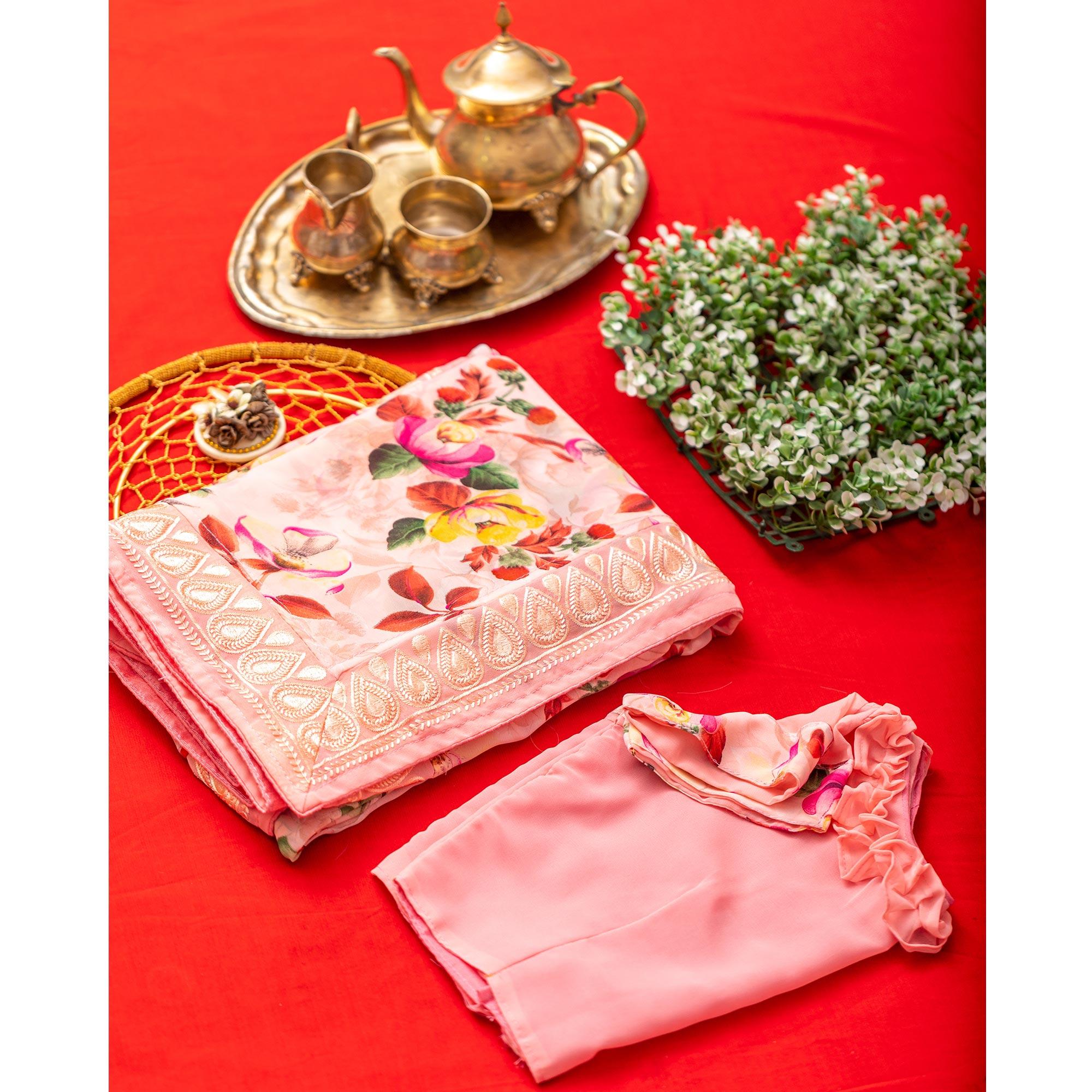 Pink Floral Printed With Embroidered Border Georgette Saree - Peachmode