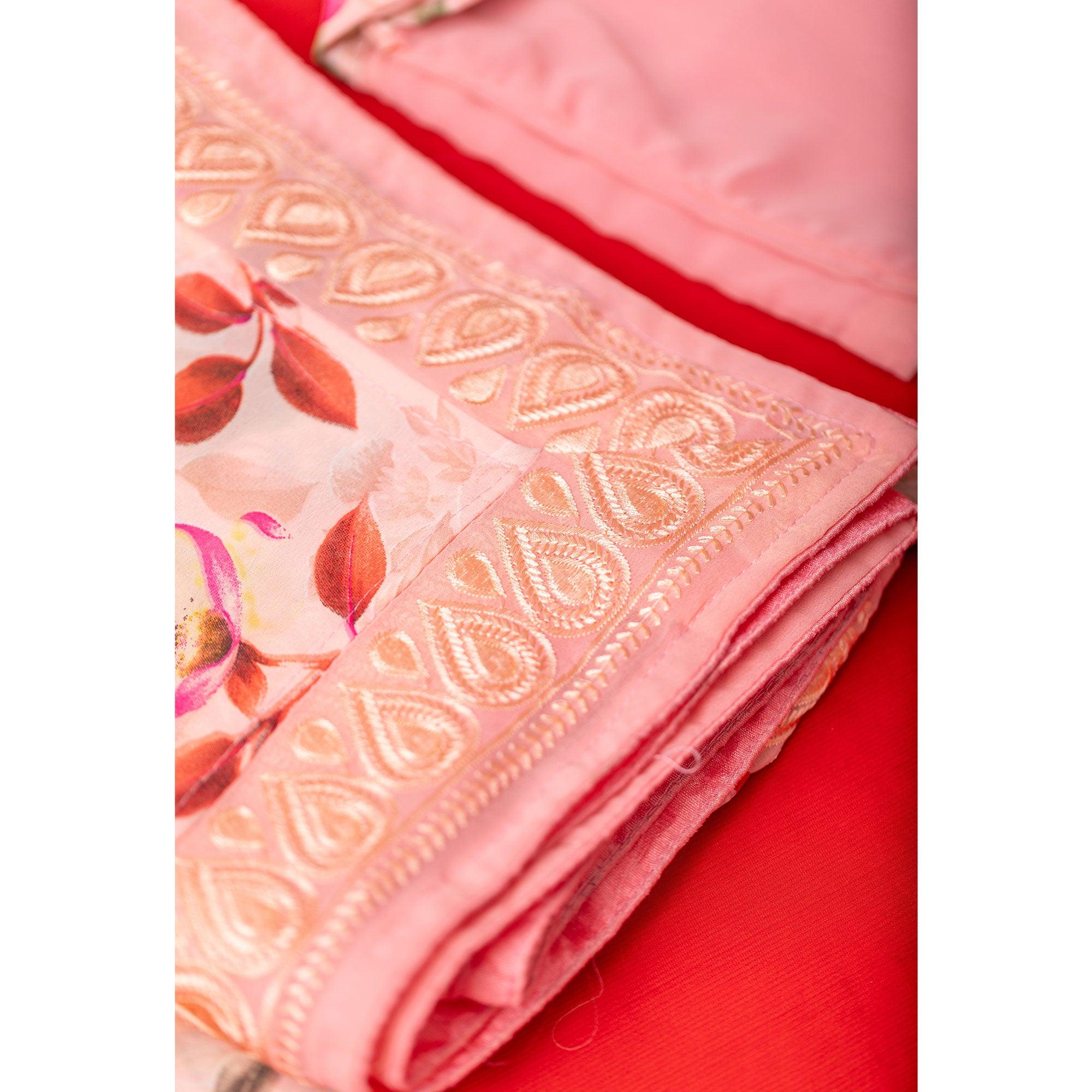 Pink Floral Printed With Embroidered Border Georgette Saree - Peachmode