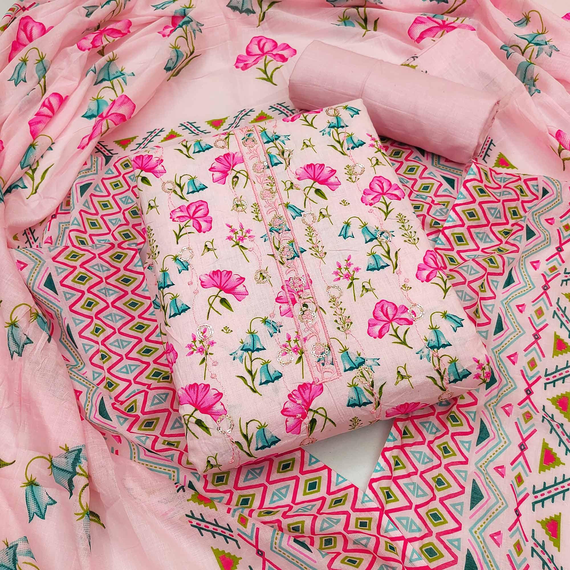 Pink Floral Printed With Embroidered Pure Cotton Dress Material - Peachmode