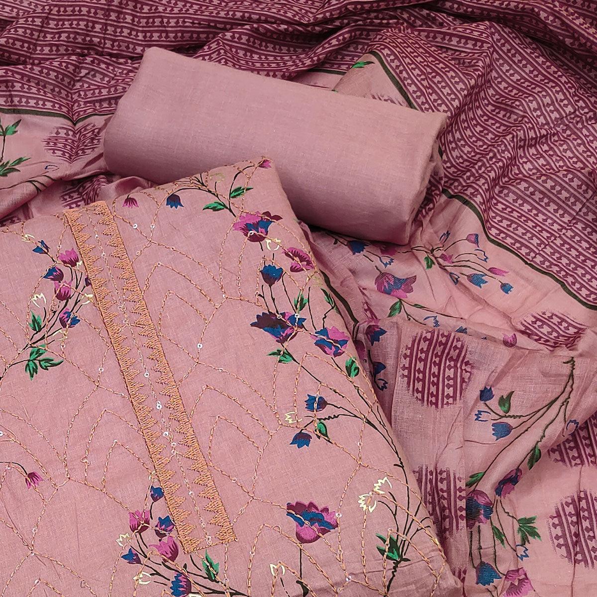 Pink Floral Printed With Embroidered Pure Cotton Dress Material - Peachmode