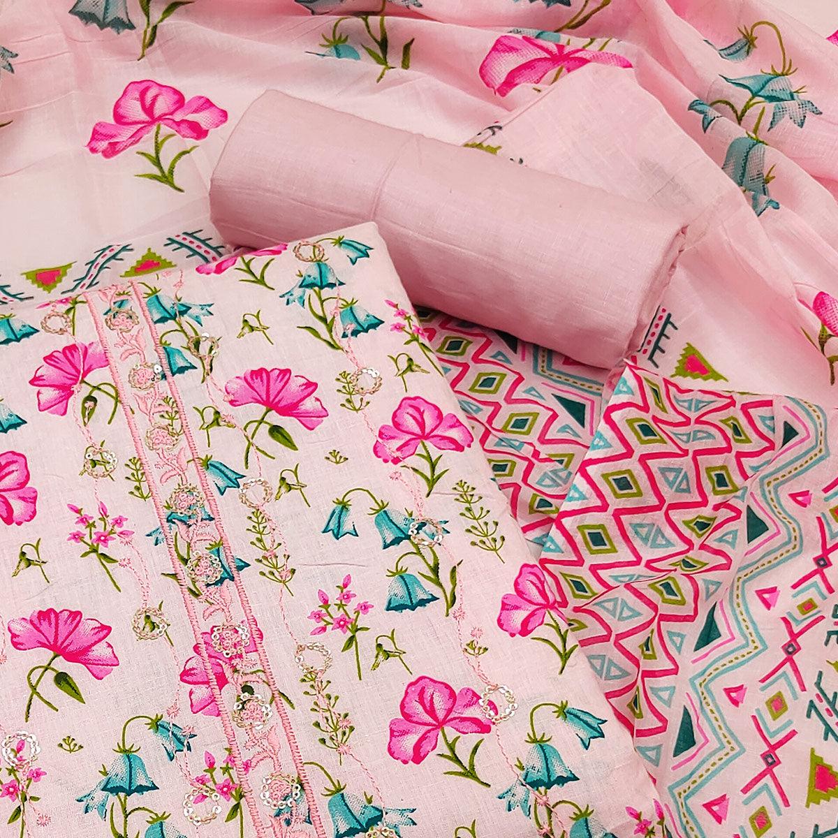 Pink Floral Printed With Embroidered Pure Cotton Dress Material - Peachmode