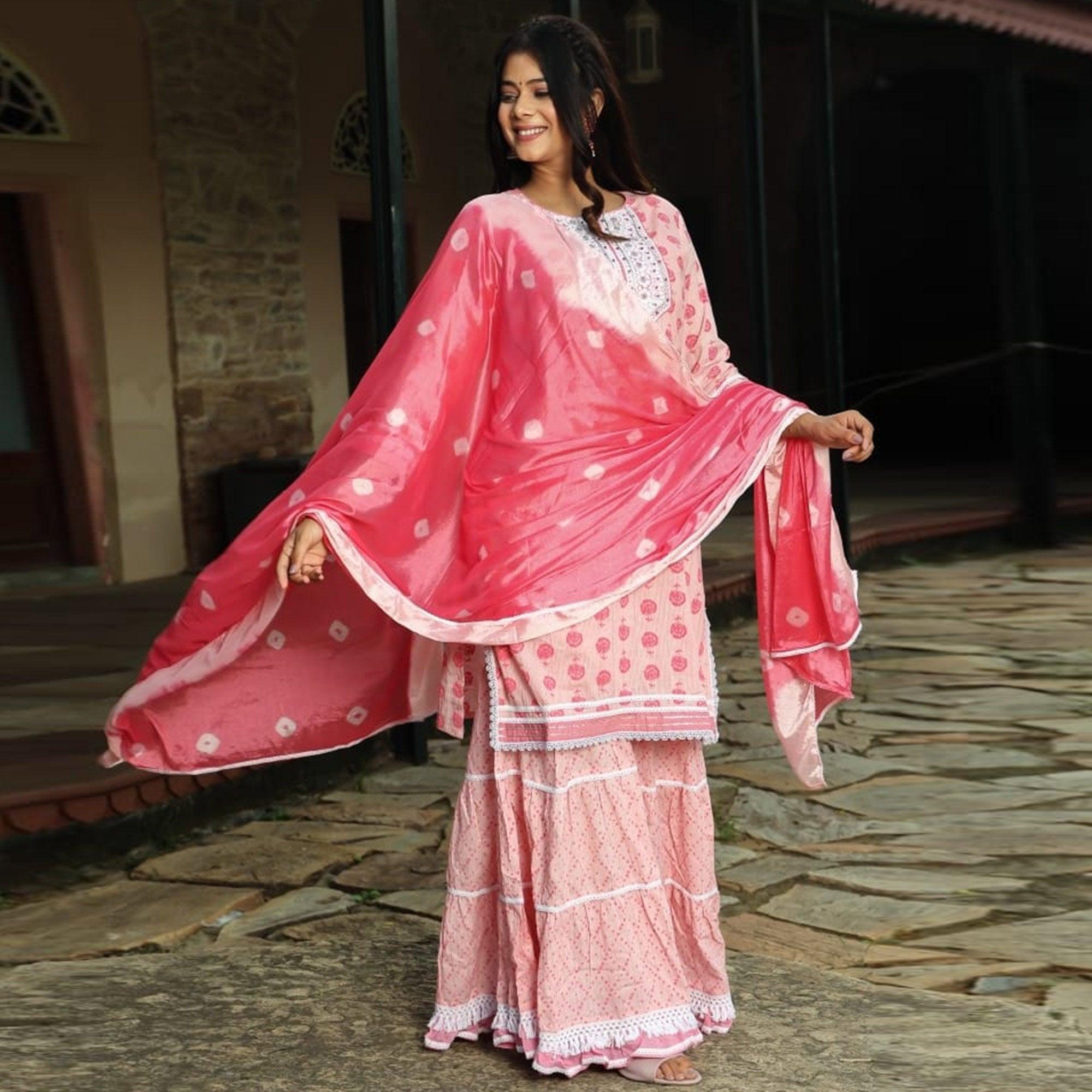 Pink Floral Printed With Embroidered Pure Cotton Sharara Suit - Peachmode