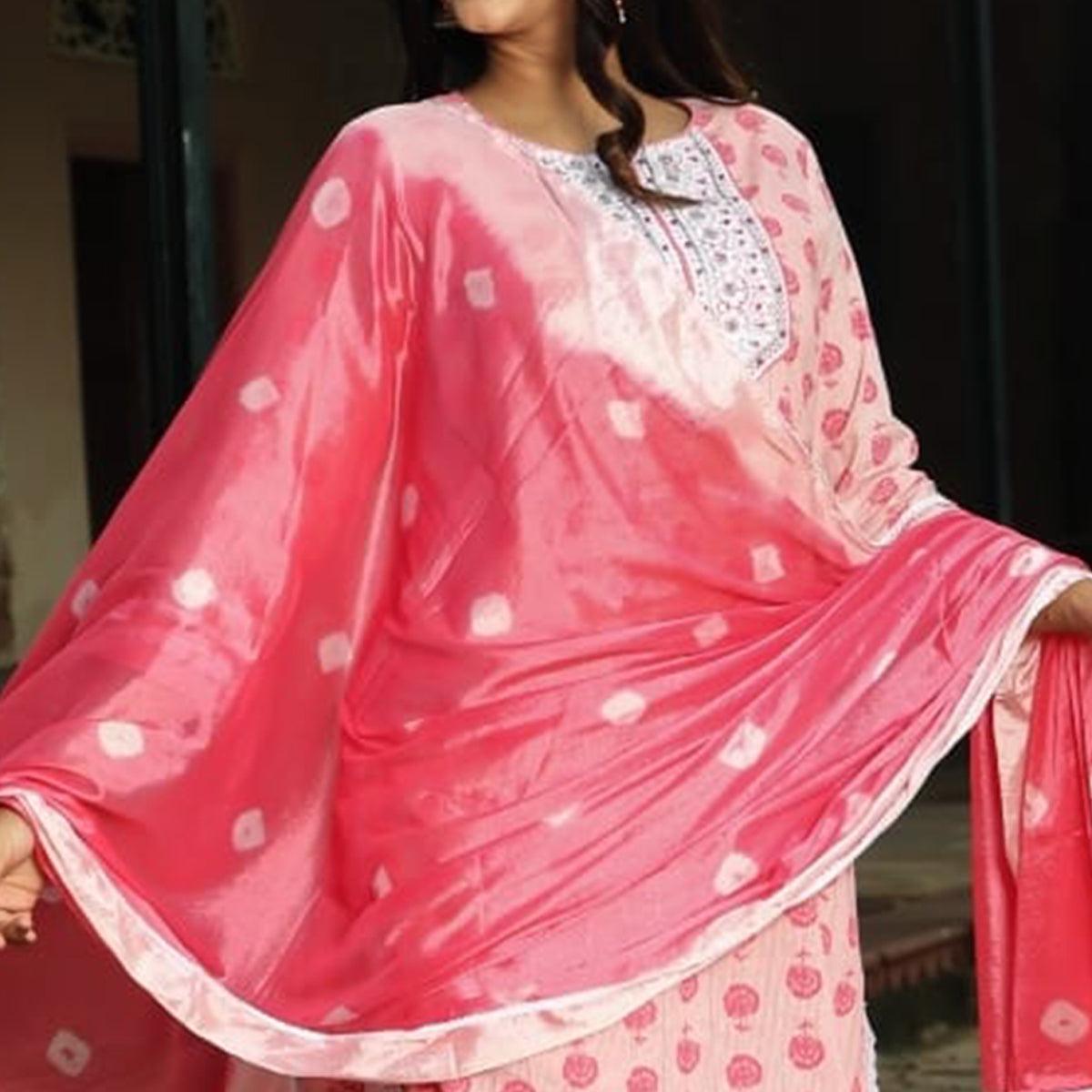 Pink Floral Printed With Embroidered Pure Cotton Sharara Suit - Peachmode