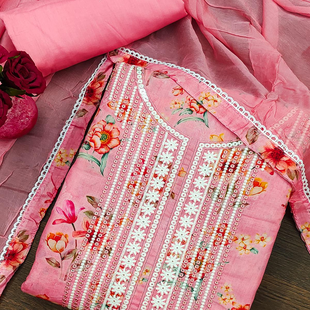 Pink Floral Printed With Embroidery Pure Cotton Dress Material - Peachmode