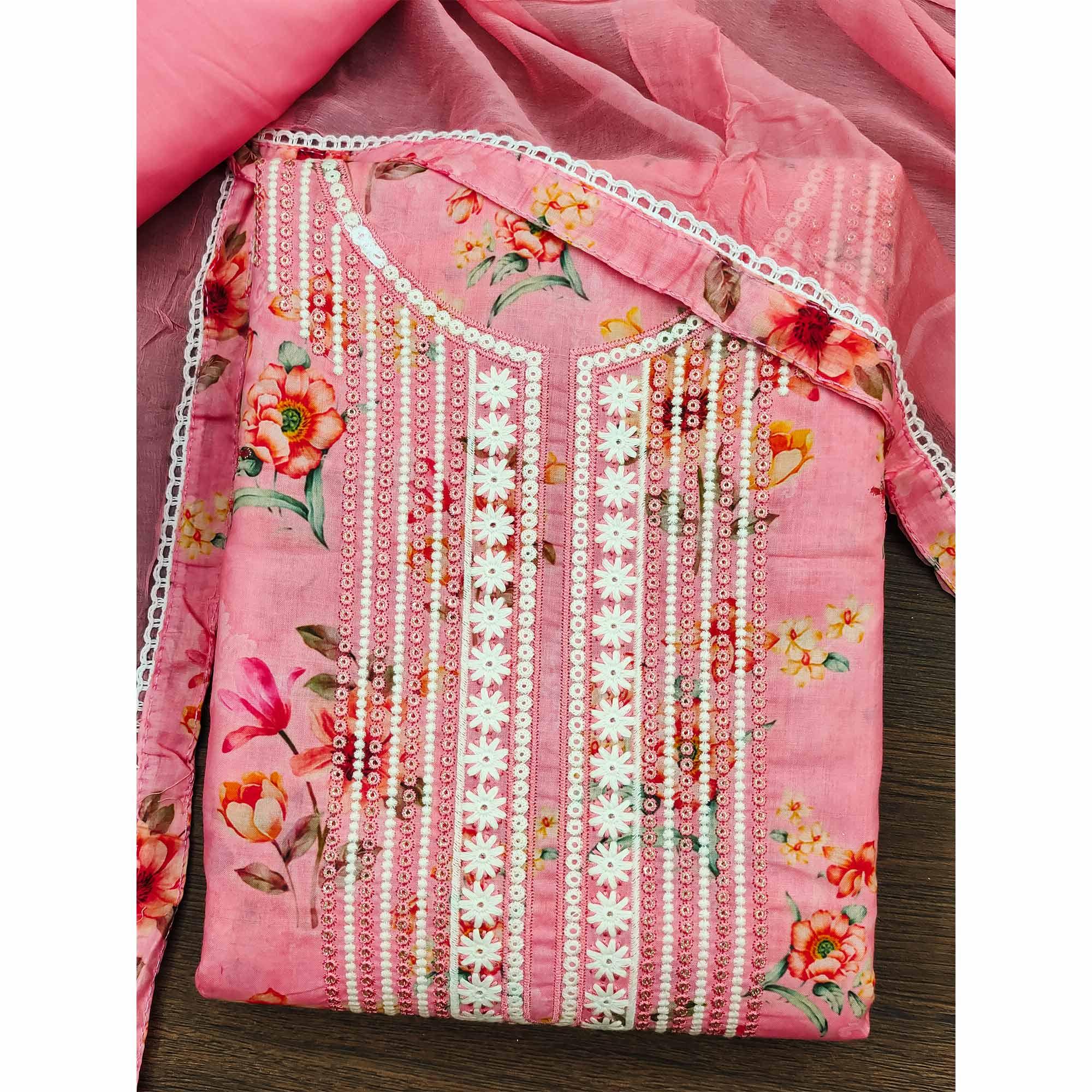 Pink Floral Printed With Embroidery Pure Cotton Dress Material - Peachmode