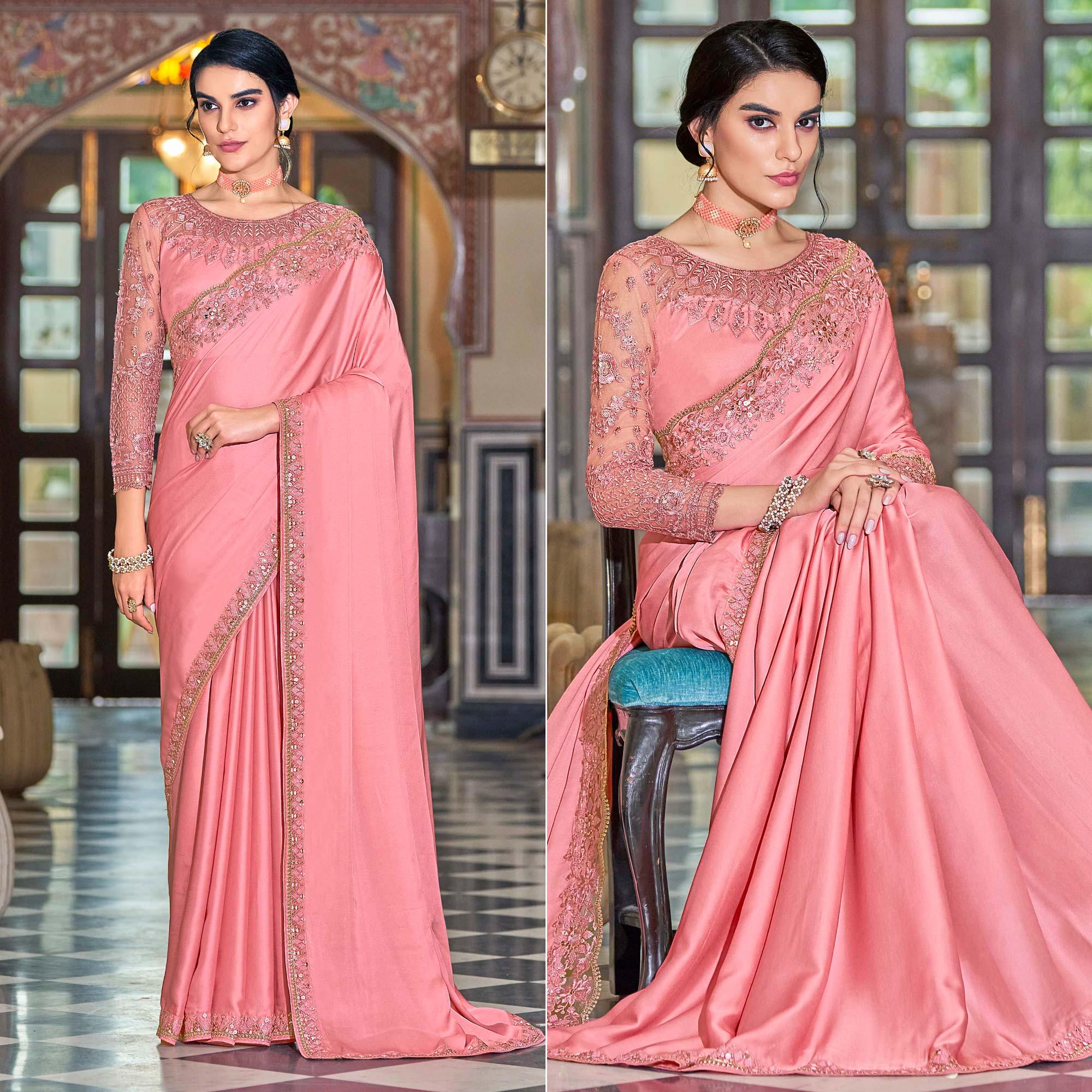 Pink Floral Sequence Embroidered Art Silk Saree - Peachmode