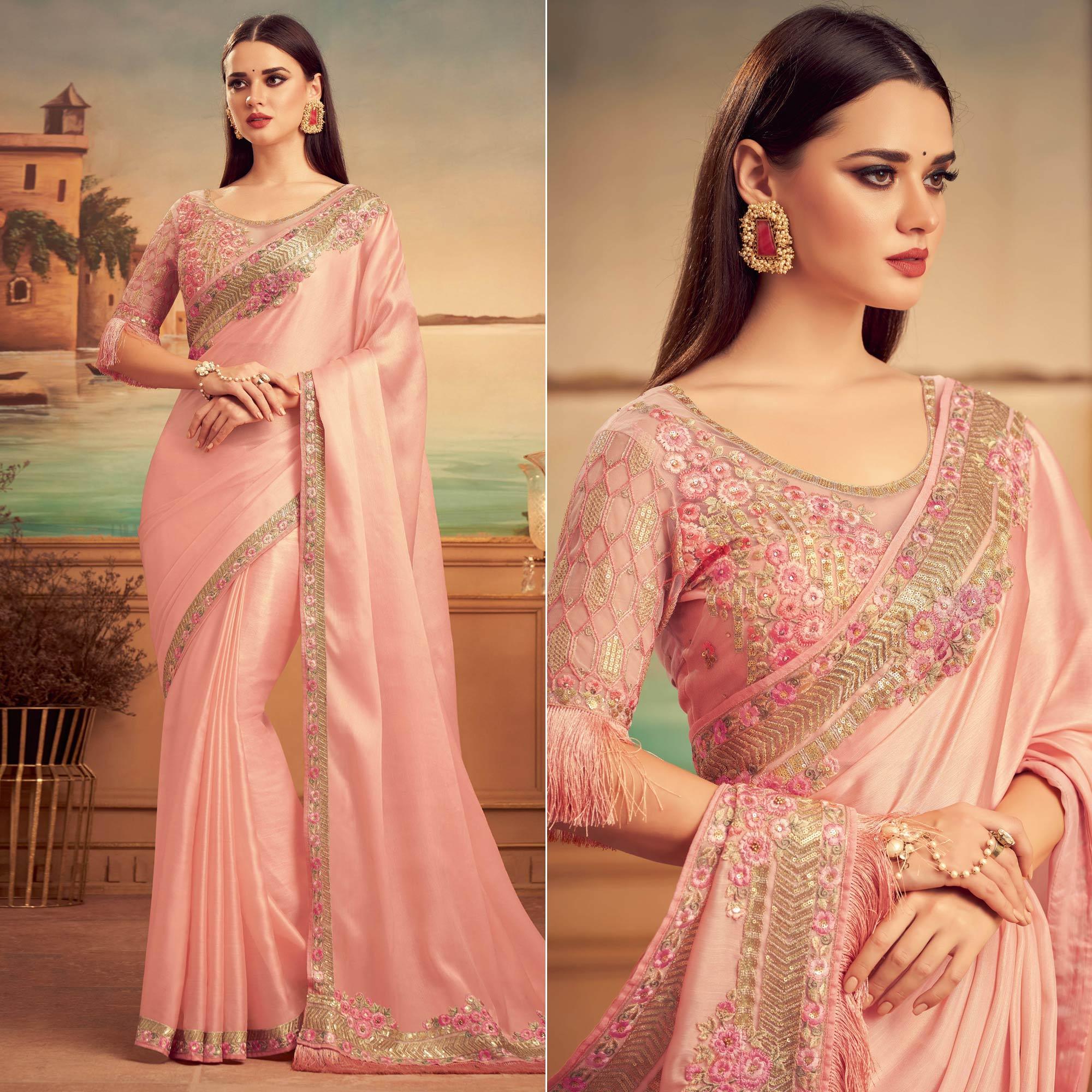 Pink Floral Sequence Embroidered Art Silk Saree - Peachmode