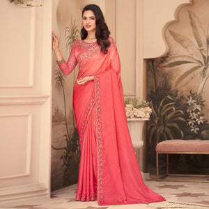 Pink Floral Sequence Embroidered Art Silk Saree - Peachmode