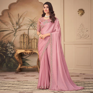 Pink Floral Sequence Embroidered Art Silk Saree - Peachmode