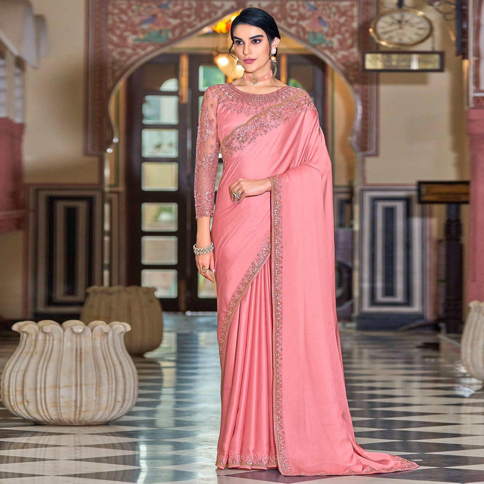 Pink Floral Sequence Embroidered Art Silk Saree - Peachmode