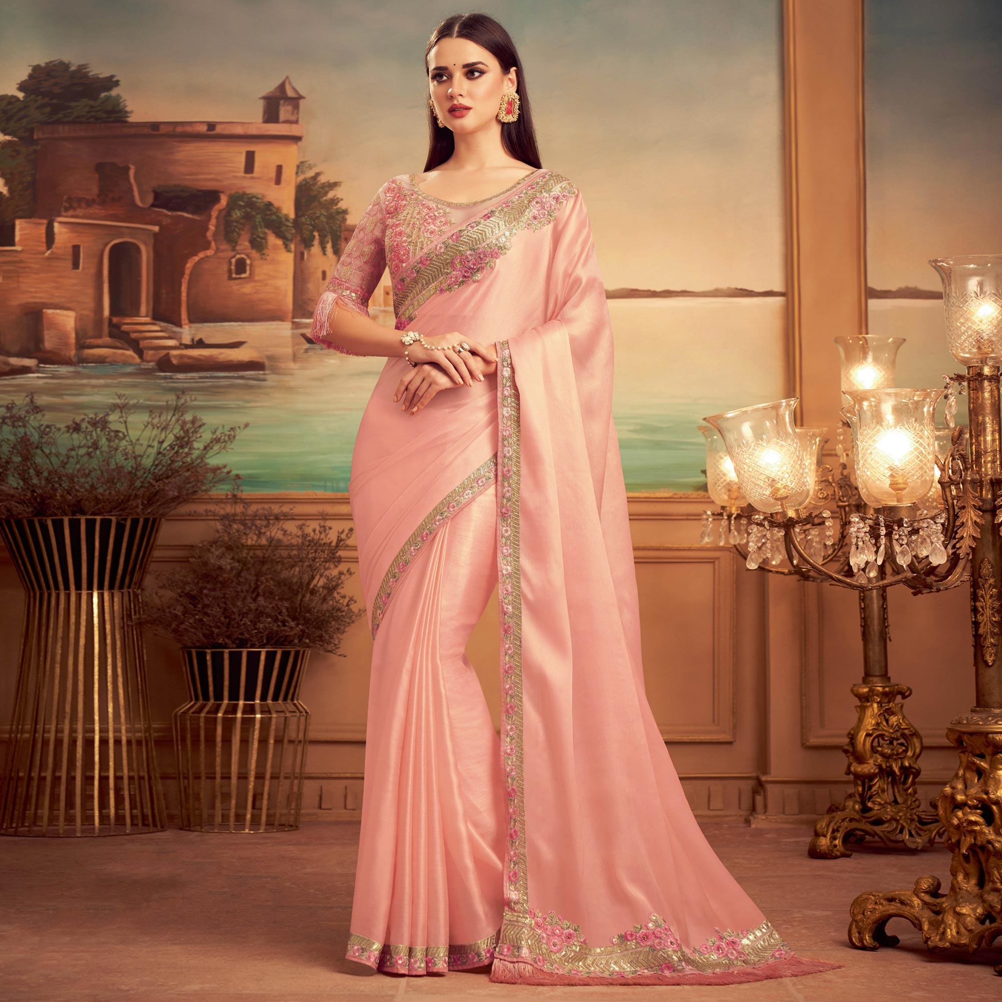 Pink Floral Sequence Embroidered Art Silk Saree - Peachmode