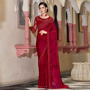Pink Floral Sequence Embroidered Art Silk Saree - Peachmode