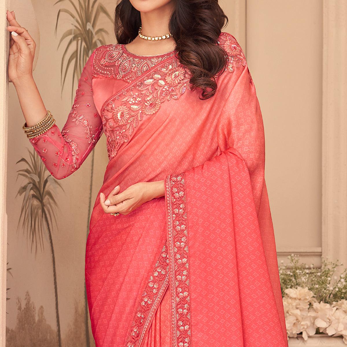 Pink Floral Sequence Embroidered Art Silk Saree - Peachmode