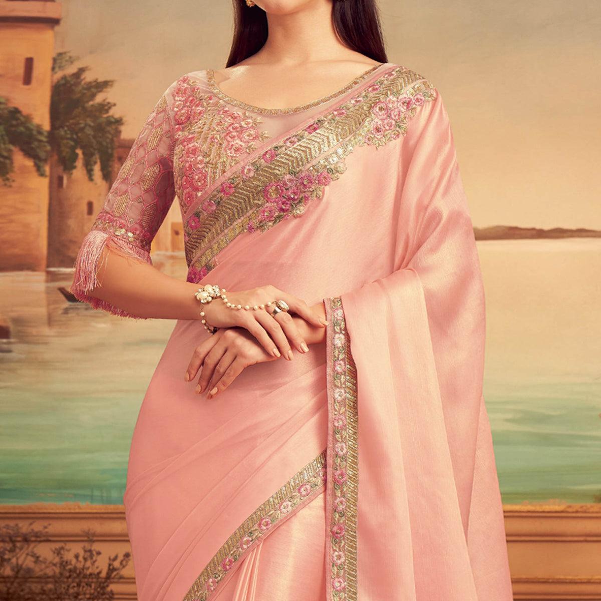 Pink Floral Sequence Embroidered Art Silk Saree - Peachmode