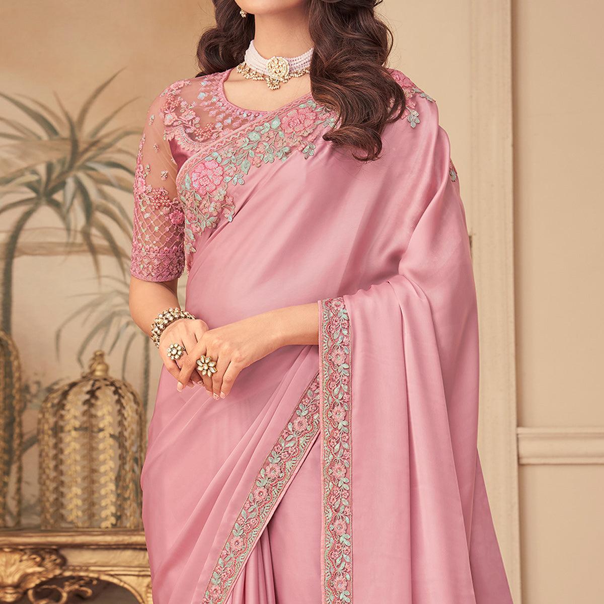 Pink Floral Sequins Embroidered Art Silk Saree