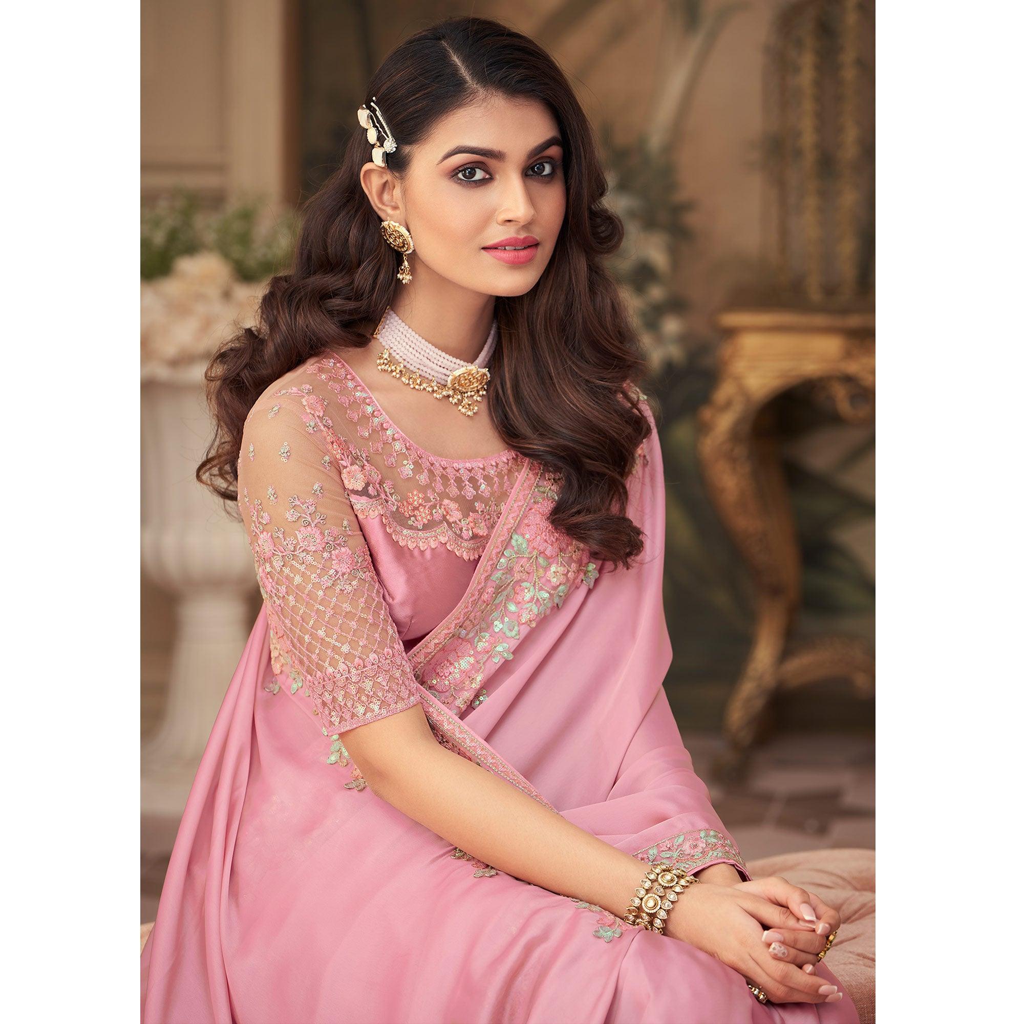 Pink Floral Sequence Embroidered Art Silk Saree - Peachmode