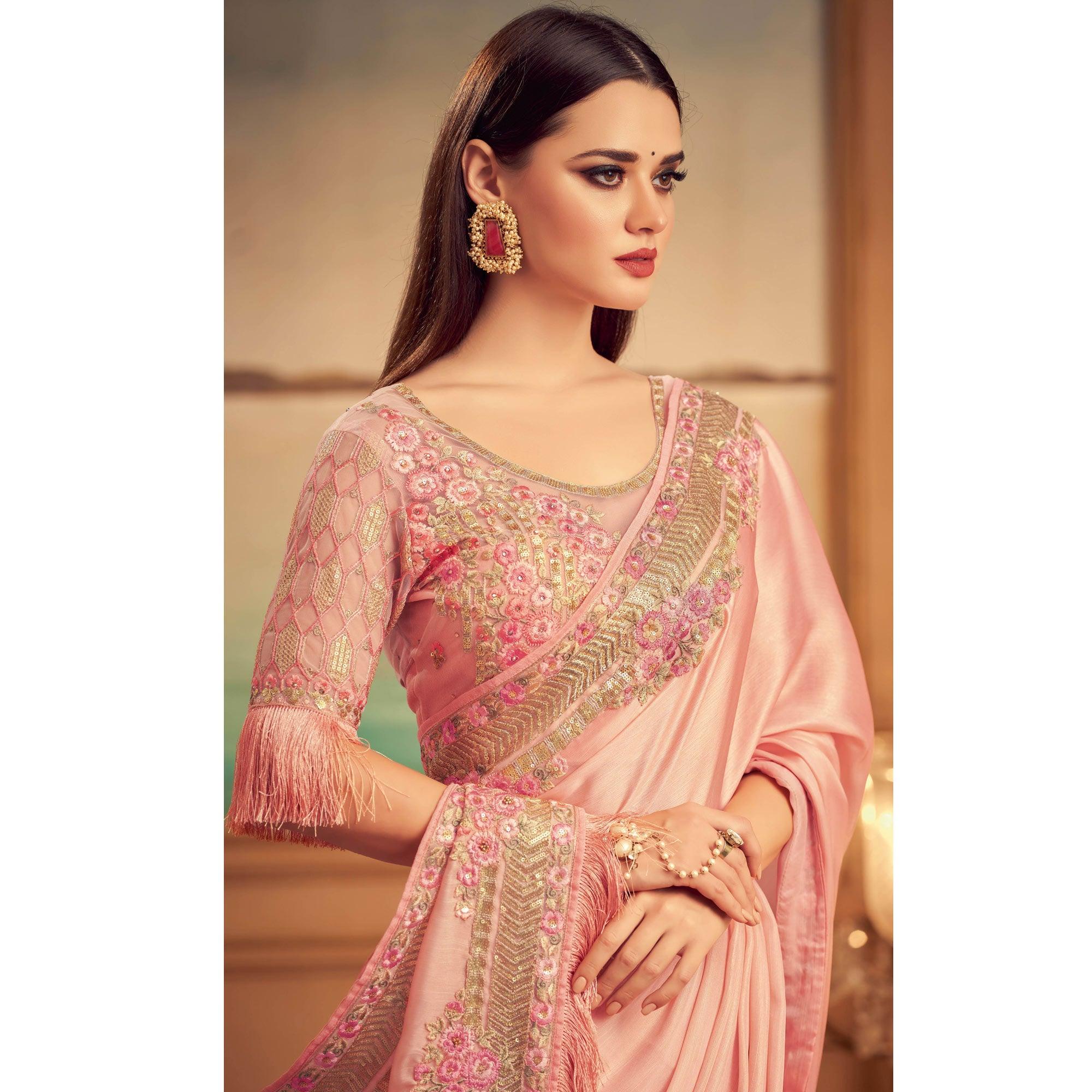 Pink Floral Sequence Embroidered Art Silk Saree - Peachmode