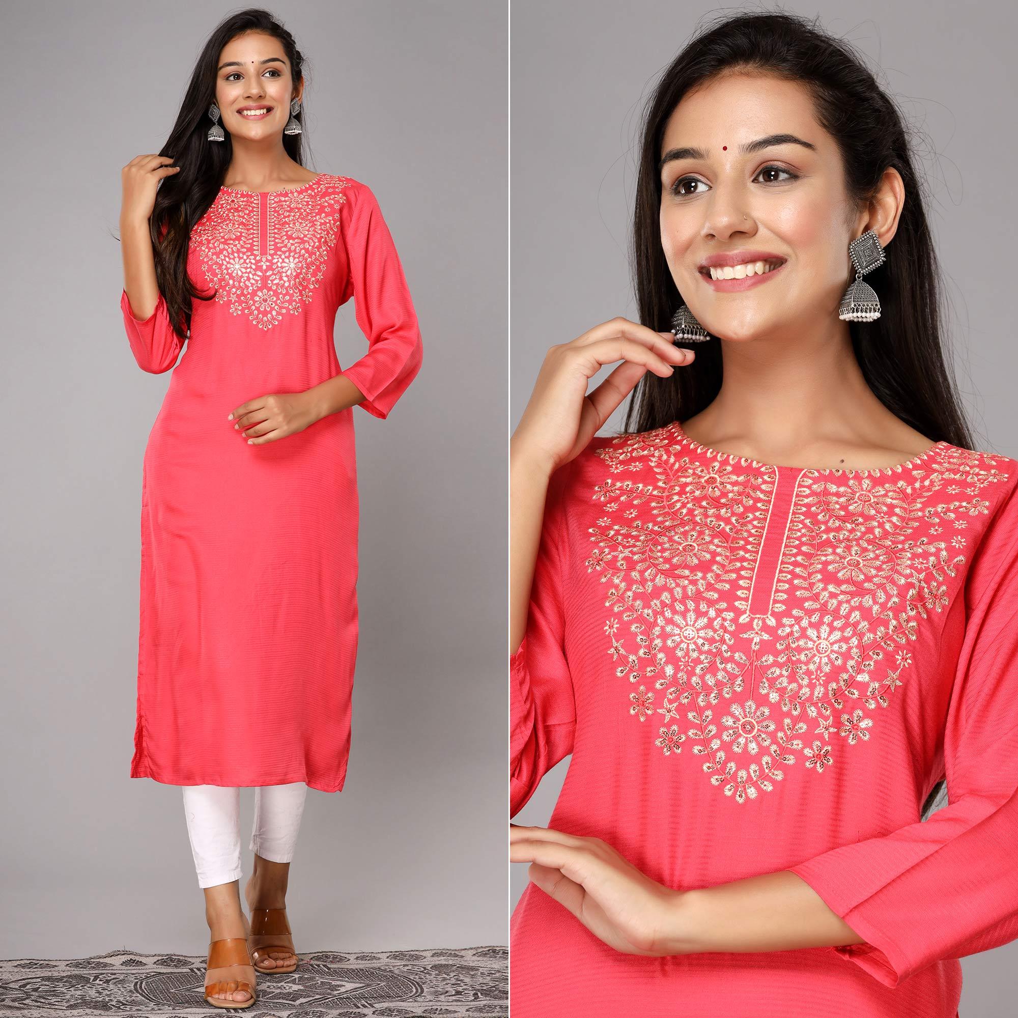 Pink Floral Sequence Embroidered Cotton Silk Kurti - Peachmode