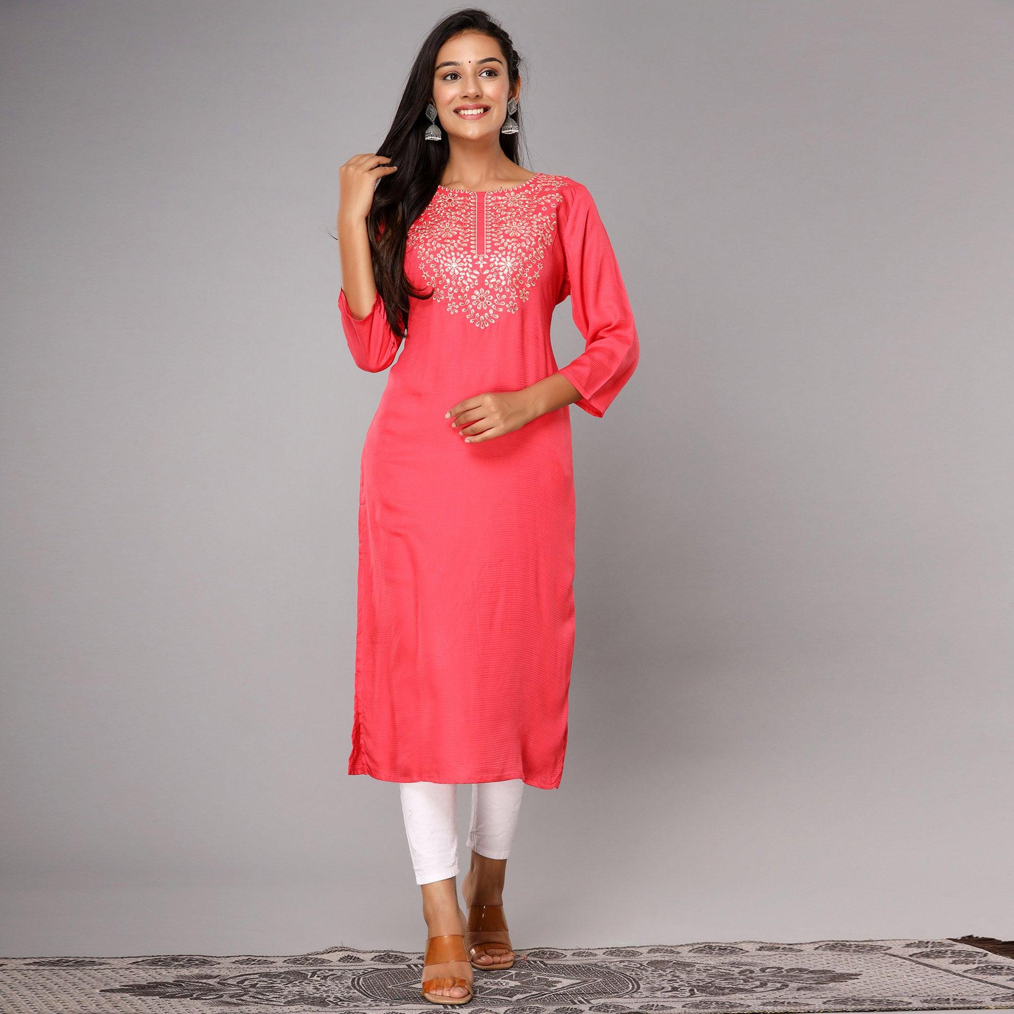 Pink Floral Sequence Embroidered Cotton Silk Kurti - Peachmode